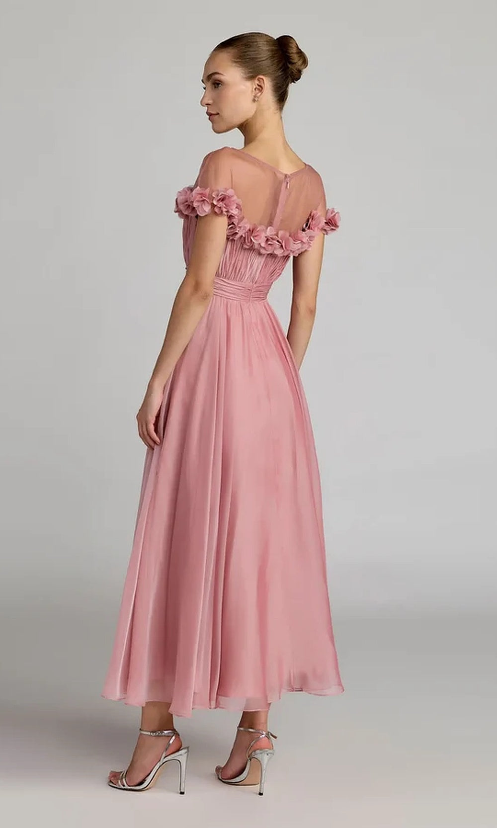 Mac Duggal 68966 Illusion Yoke Floral Appliqué Chiffon A-Line Gown