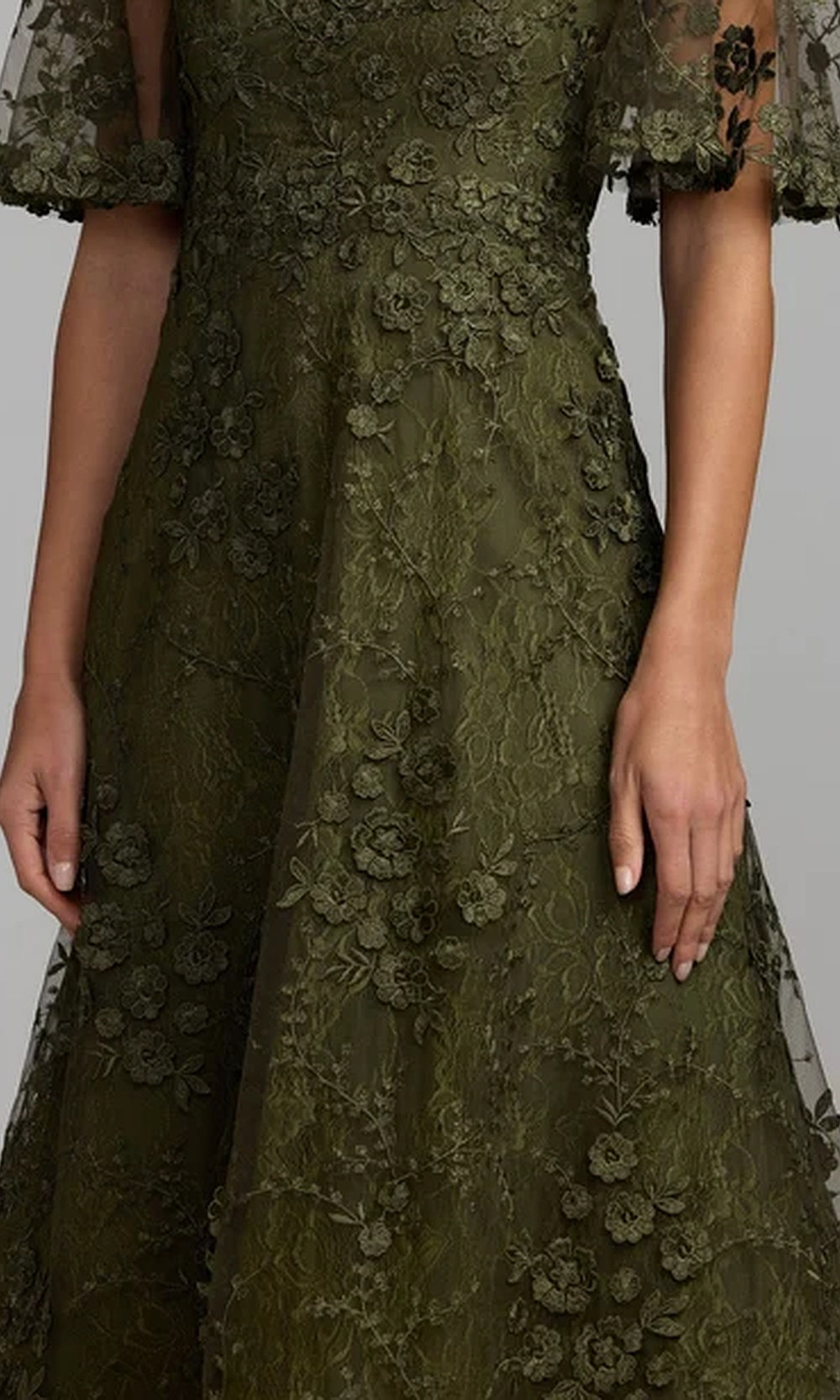 Mac Duggal 69036 Floral Lace Illusion High-Neck Tea-Length A-Line Dress