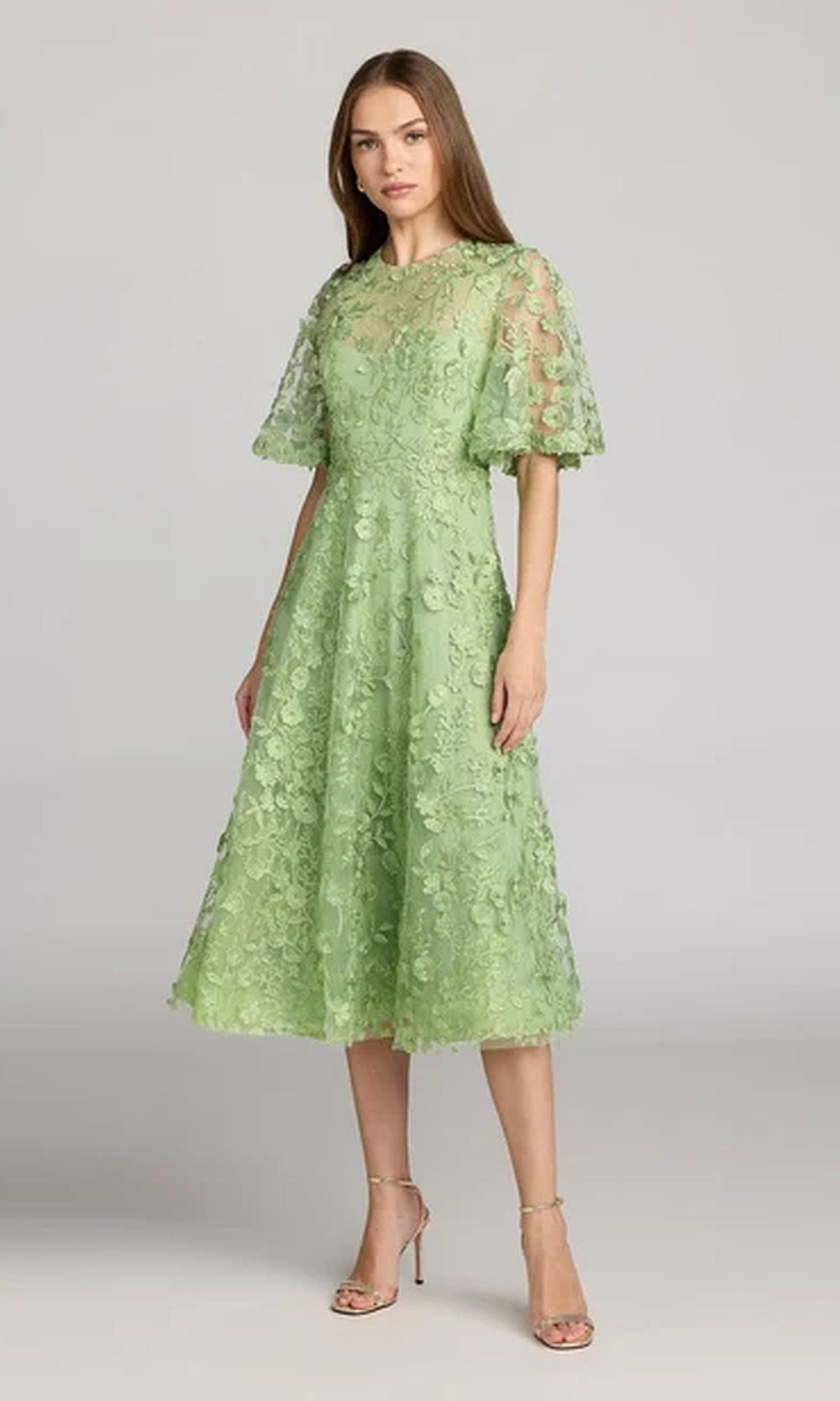 Mac Duggal 69036 Floral Lace Illusion High-Neck Tea-Length A-Line Dress
