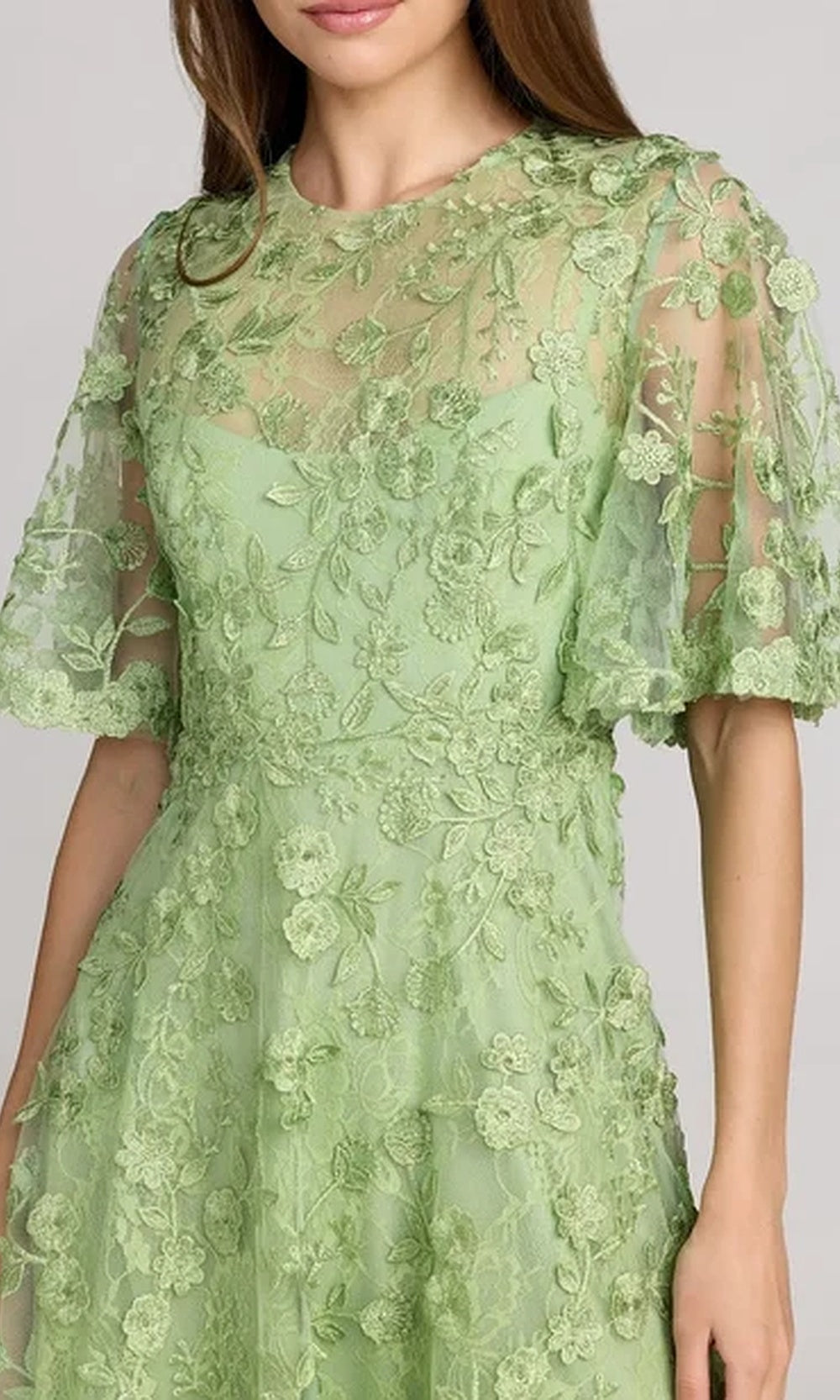 Mac Duggal 69036 Floral Lace Illusion High-Neck Tea-Length A-Line Dress