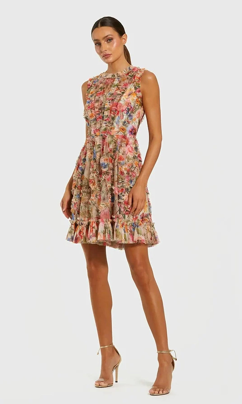 Mac Duggal 8307 Floral Mesh High-Neck Fringe-Trim Fit-and-Flare Dress