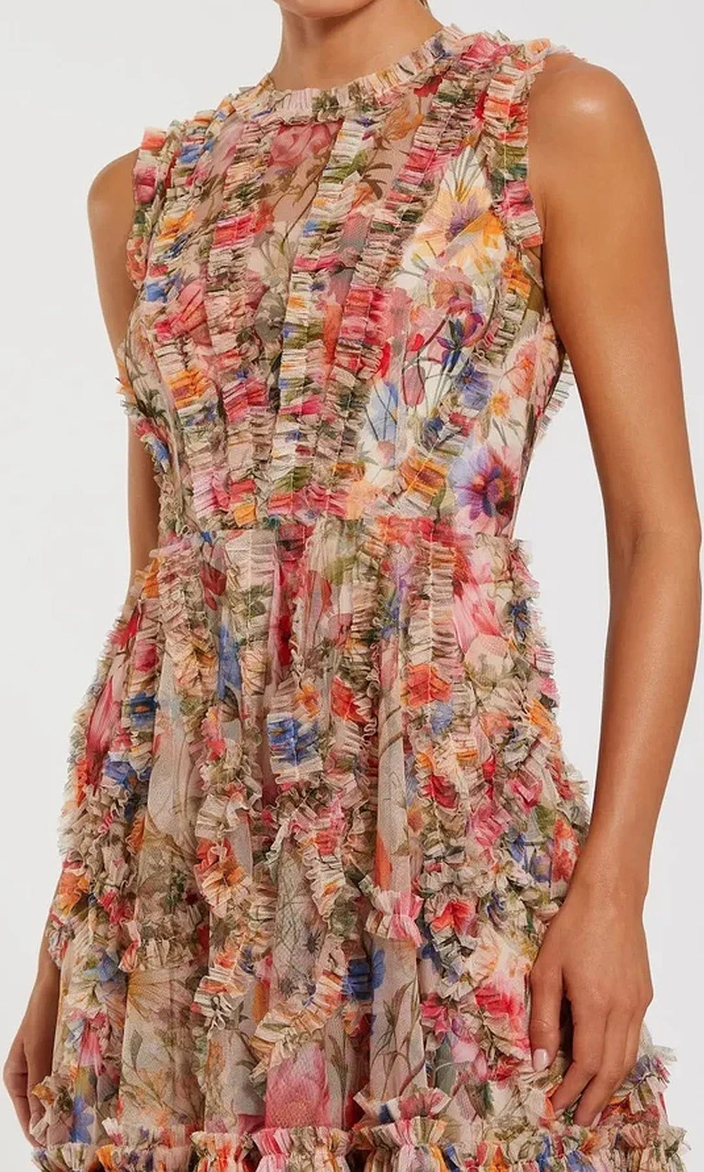 Mac Duggal 8307 Floral Mesh High-Neck Fringe-Trim Fit-and-Flare Dress