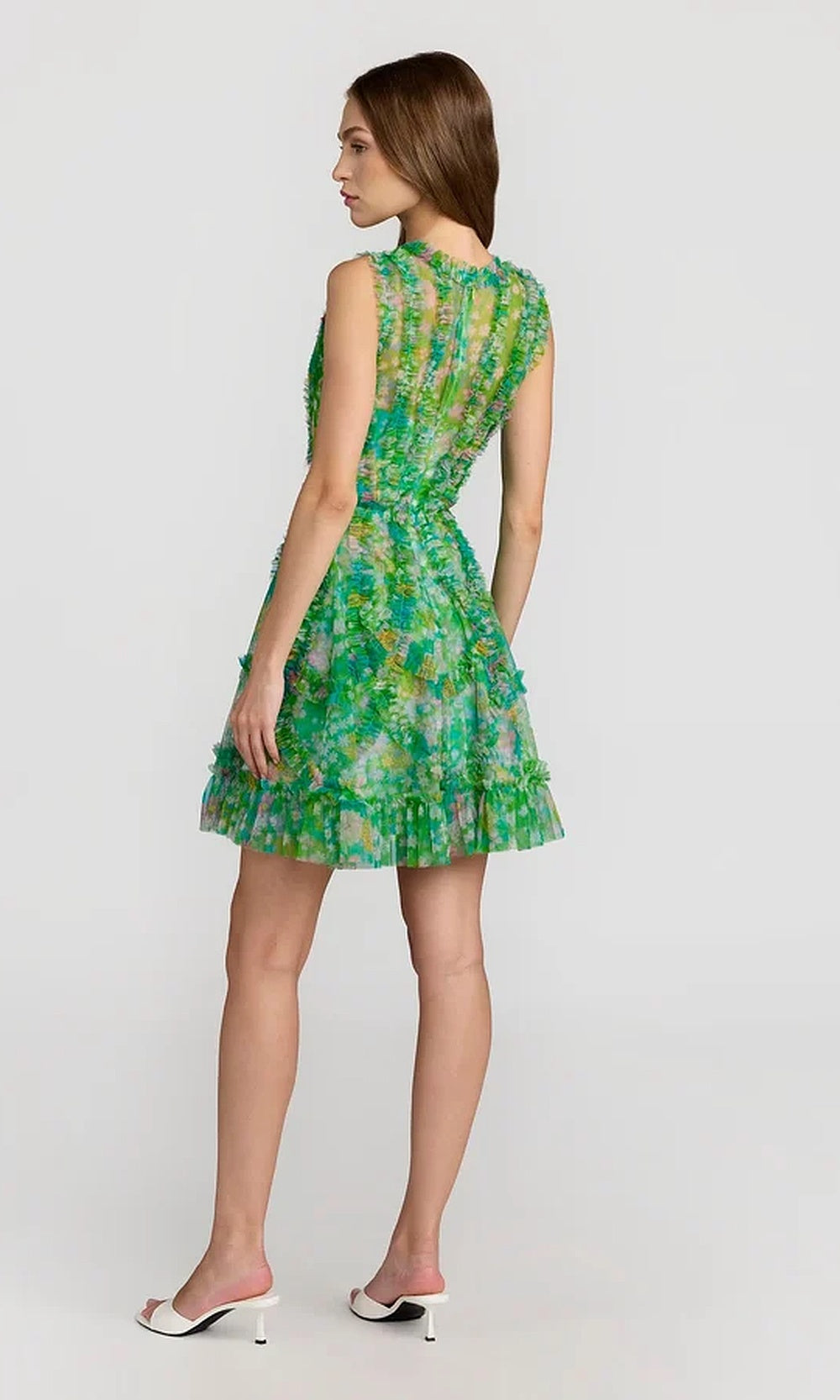 Mac Duggal 8307 Floral Mesh High-Neck Fringe-Trim Fit-and-Flare Dress