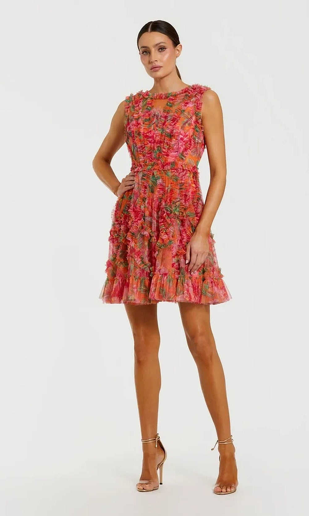 Mac Duggal 8307 Floral Mesh High-Neck Fringe-Trim Fit-and-Flare Dress