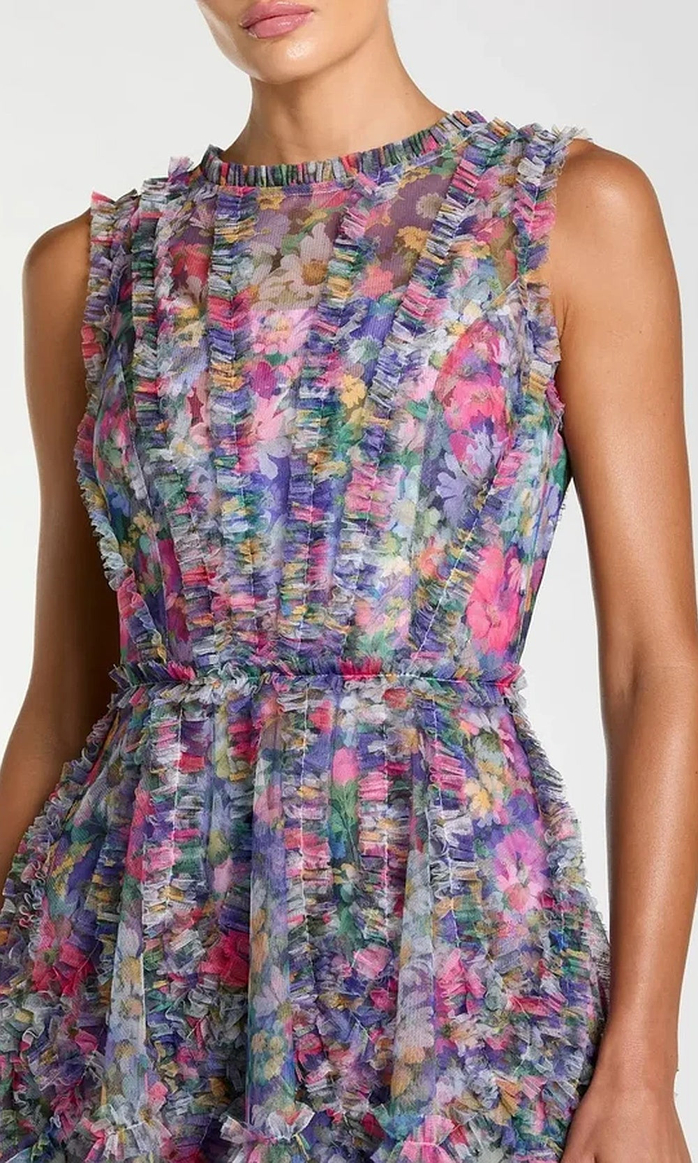Mac Duggal 8307 Floral Mesh High-Neck Fringe-Trim Fit-and-Flare Dress