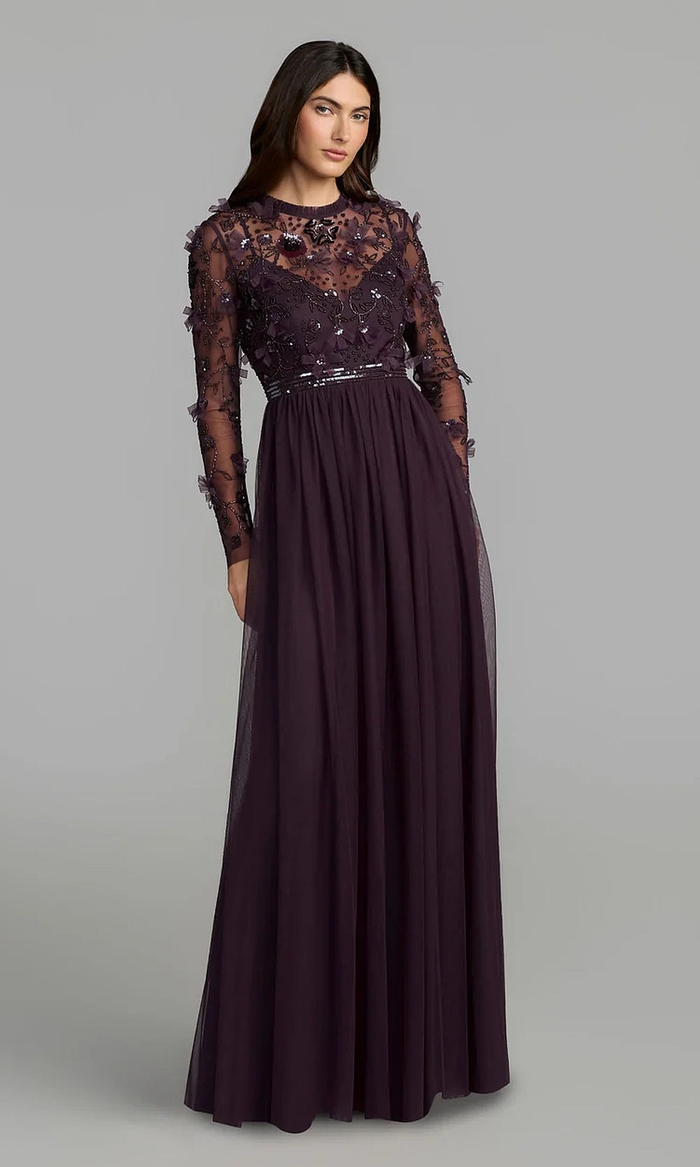 Mac Duggal 9132 Illusion Long-Sleeve Beaded Floral A-Line Gown Gown