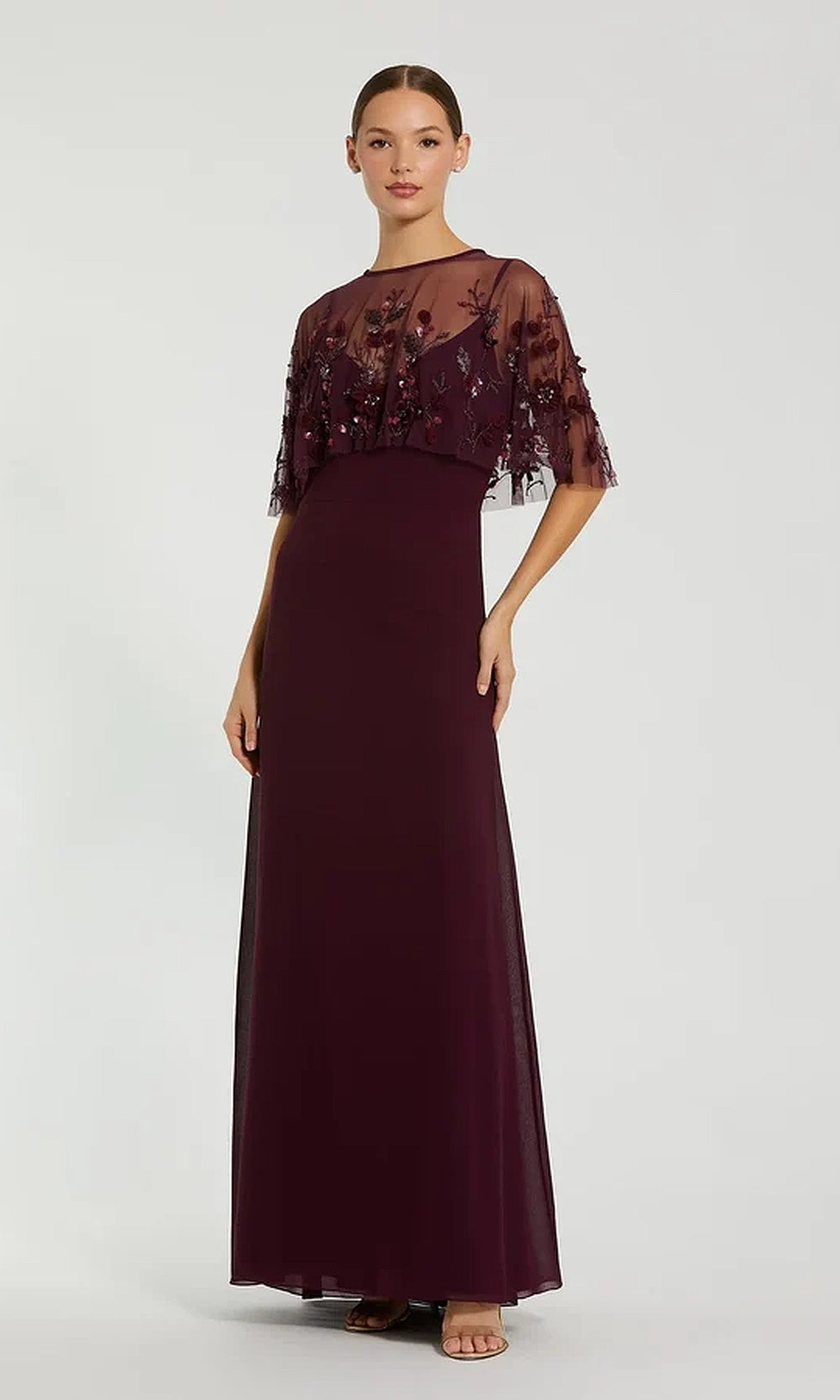 Mac Duggal 9229 Long Chiffon A-Line Gown with Embellished Cape Overlay