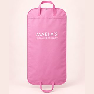 Marla's signature pink garment bag with carry handles