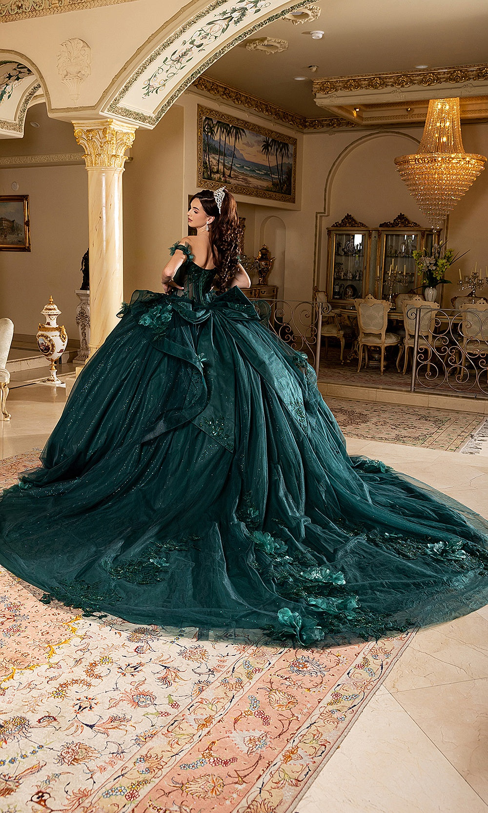 May Queen LK270 hunter green floral appliqué ball gown — back view of the tulle quinceañera skirt and long train