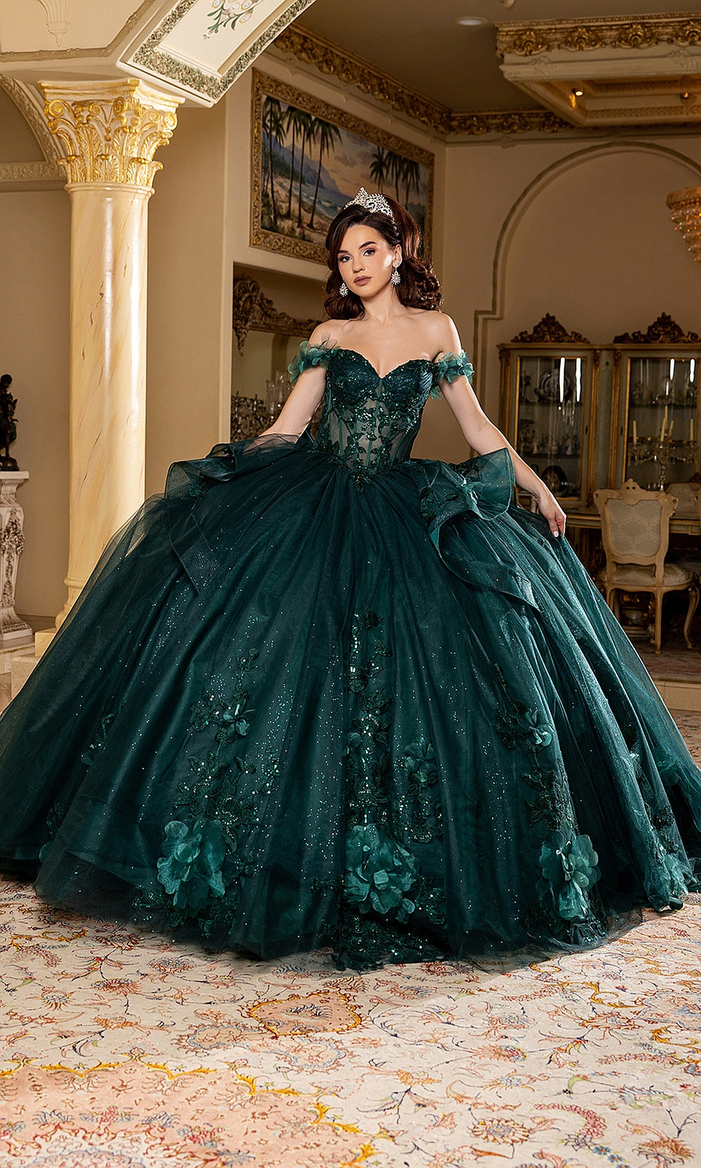 May Queen LK270 hunter green off-shoulder ball gown — front view of the 3D floral appliqué quinceañera dress