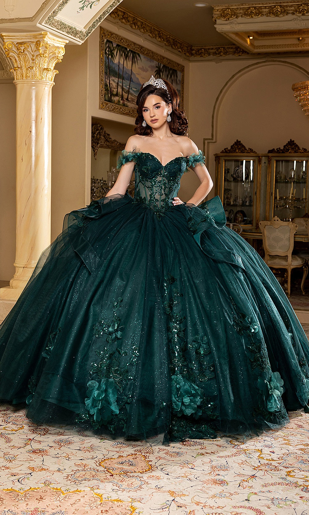 May Queen LK270 hunter green floral ball gown — three-quarter front view of the off-shoulder quinceañera gown