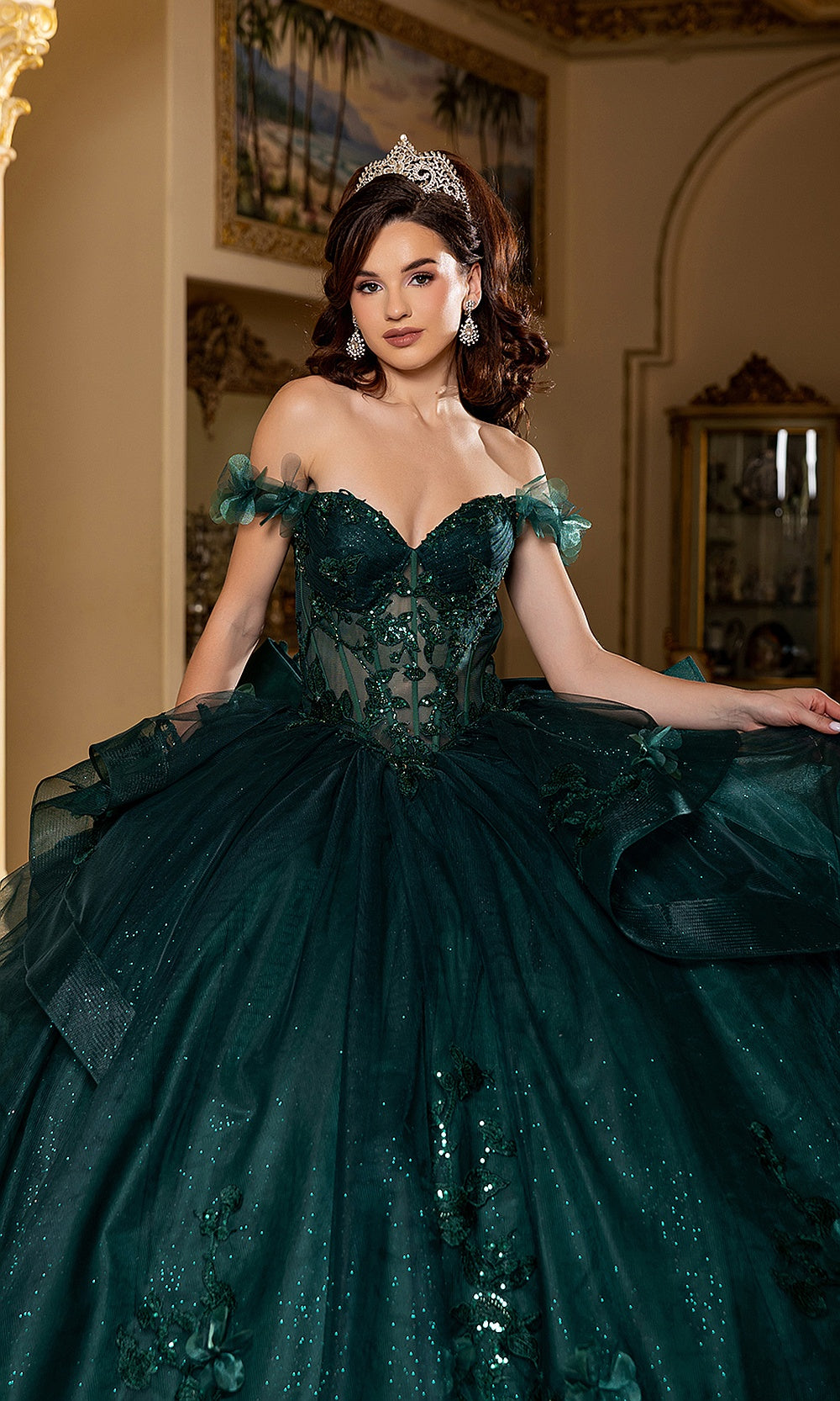 May Queen LK270 hunter green beaded sweetheart bodice — close view of the off-shoulder floral quinceañera gown