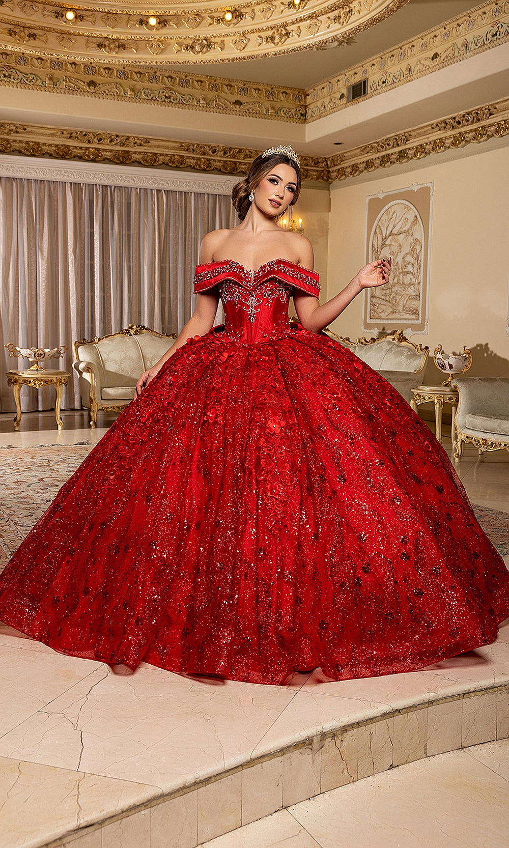 May Queen LK277 red off-shoulder sweetheart sequin ball gown — full front view of the sparkling quinceañera skirt