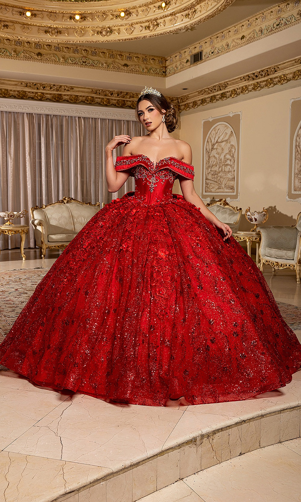 May Queen LK277 red sequin quinceañera ball gown — front view of the off-shoulder bodice and voluminous skirt