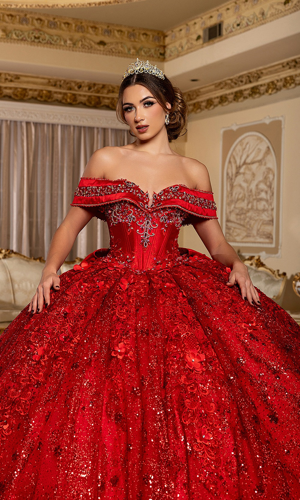 May Queen LK277 red beaded sweetheart bodice — close front view of the off-shoulder quinceañera gown detailing