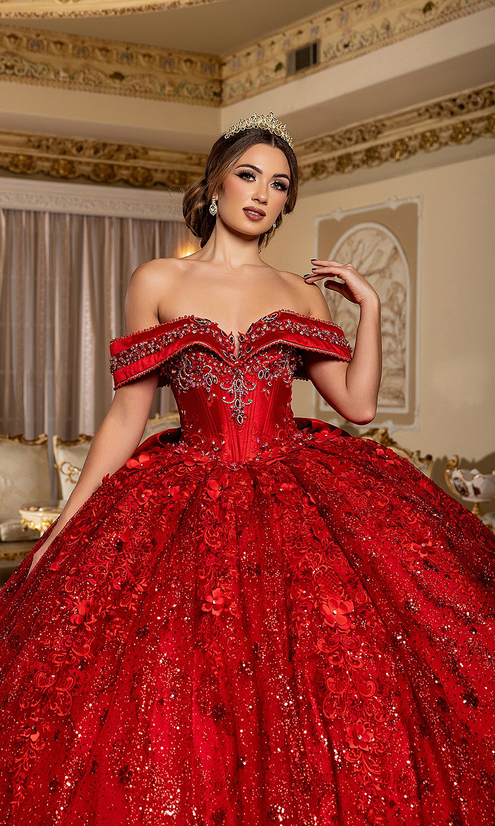 May Queen LK277 red glitter ball gown — three-quarter front view of the beaded off-shoulder quinceañera dress