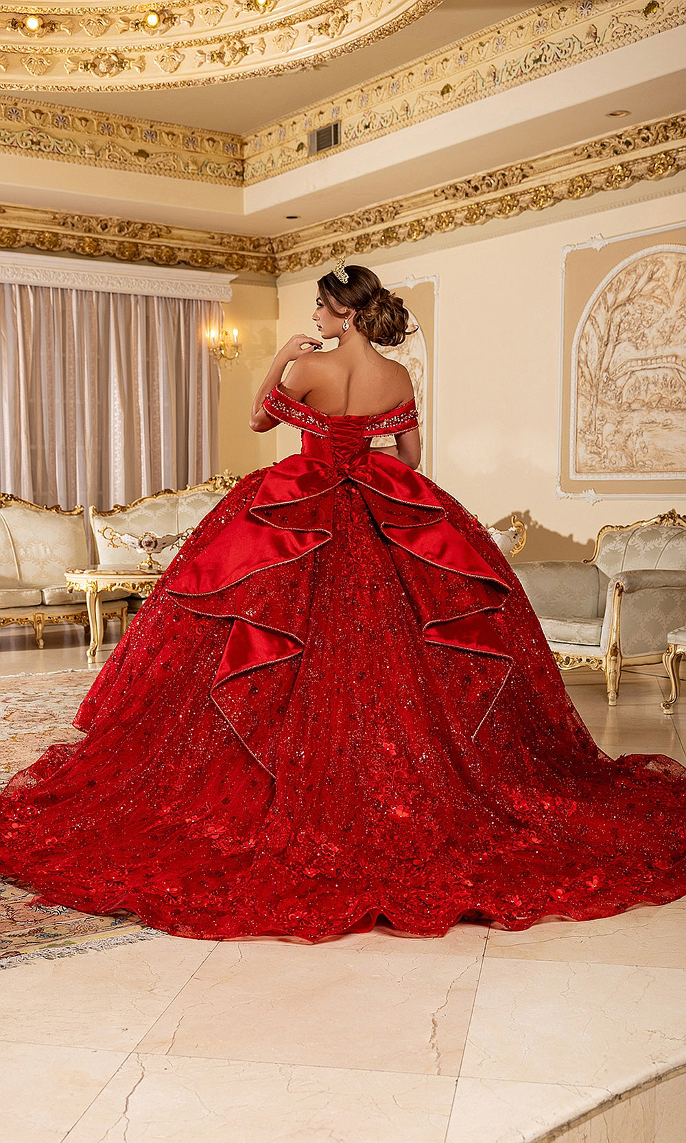 May Queen LK277 red quinceañera gown — back view of the lace-up corset back and cascading ruffled train