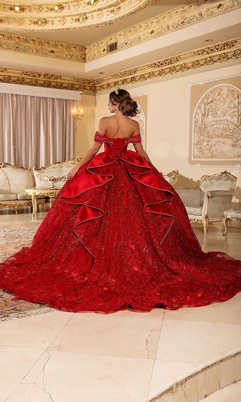 May Queen LK277 red sequin ball gown — full back view of the corset closure and dramatic sweeping train