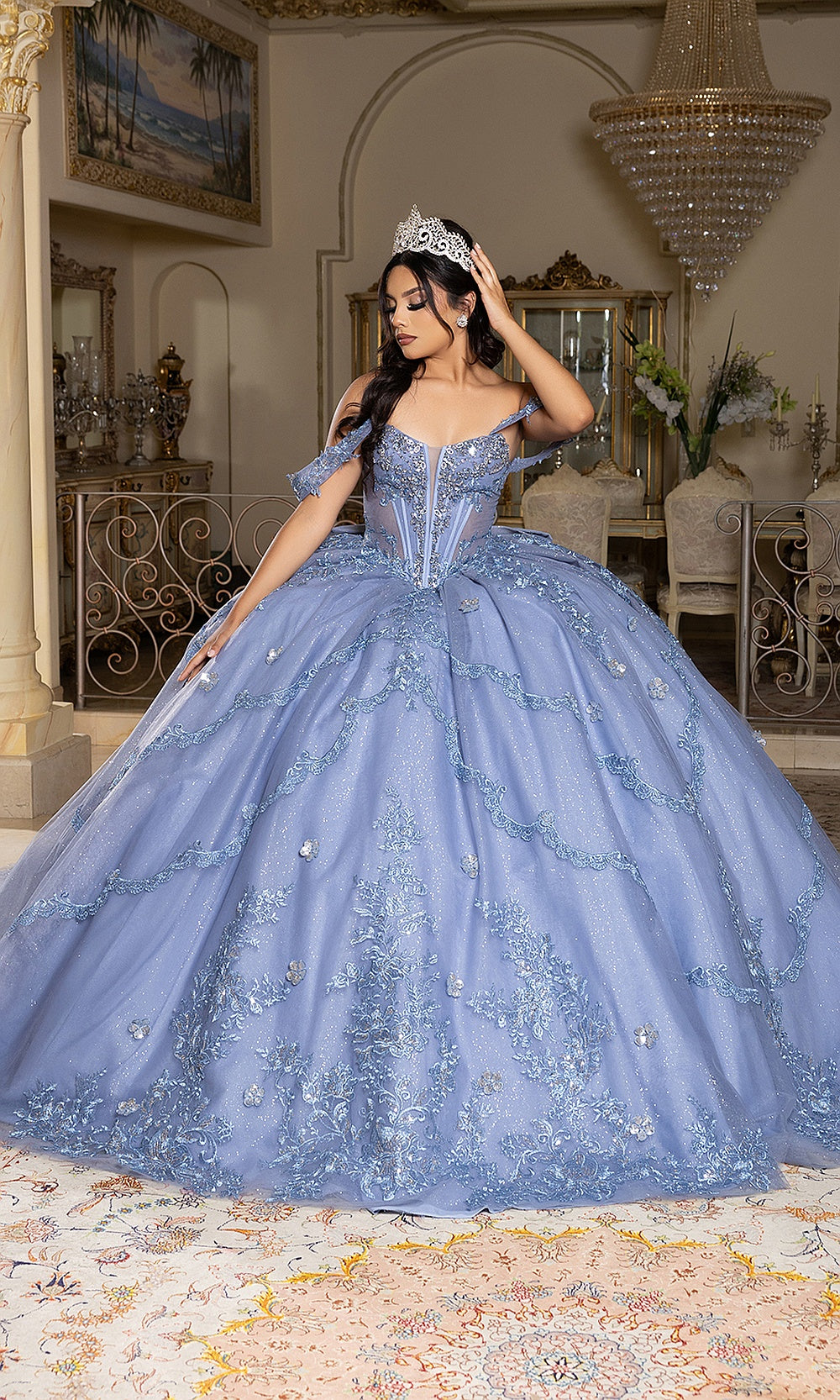 May Queen LK283 dusty blue ball gown — front view of the off-shoulder beaded quinceañera bodice