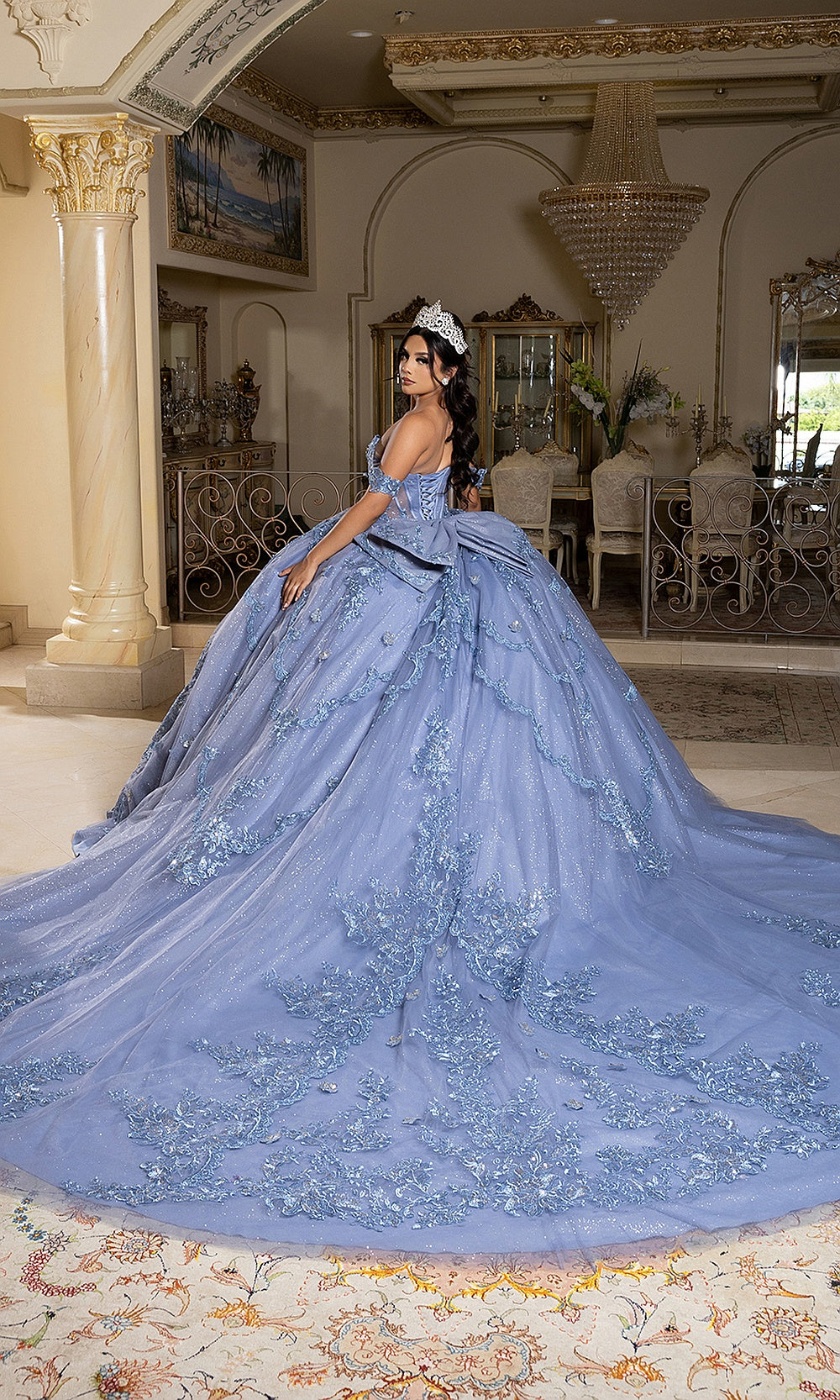 May Queen LK283 dusty blue glitter ball gown — side back view of the full tulle skirt and sweeping train