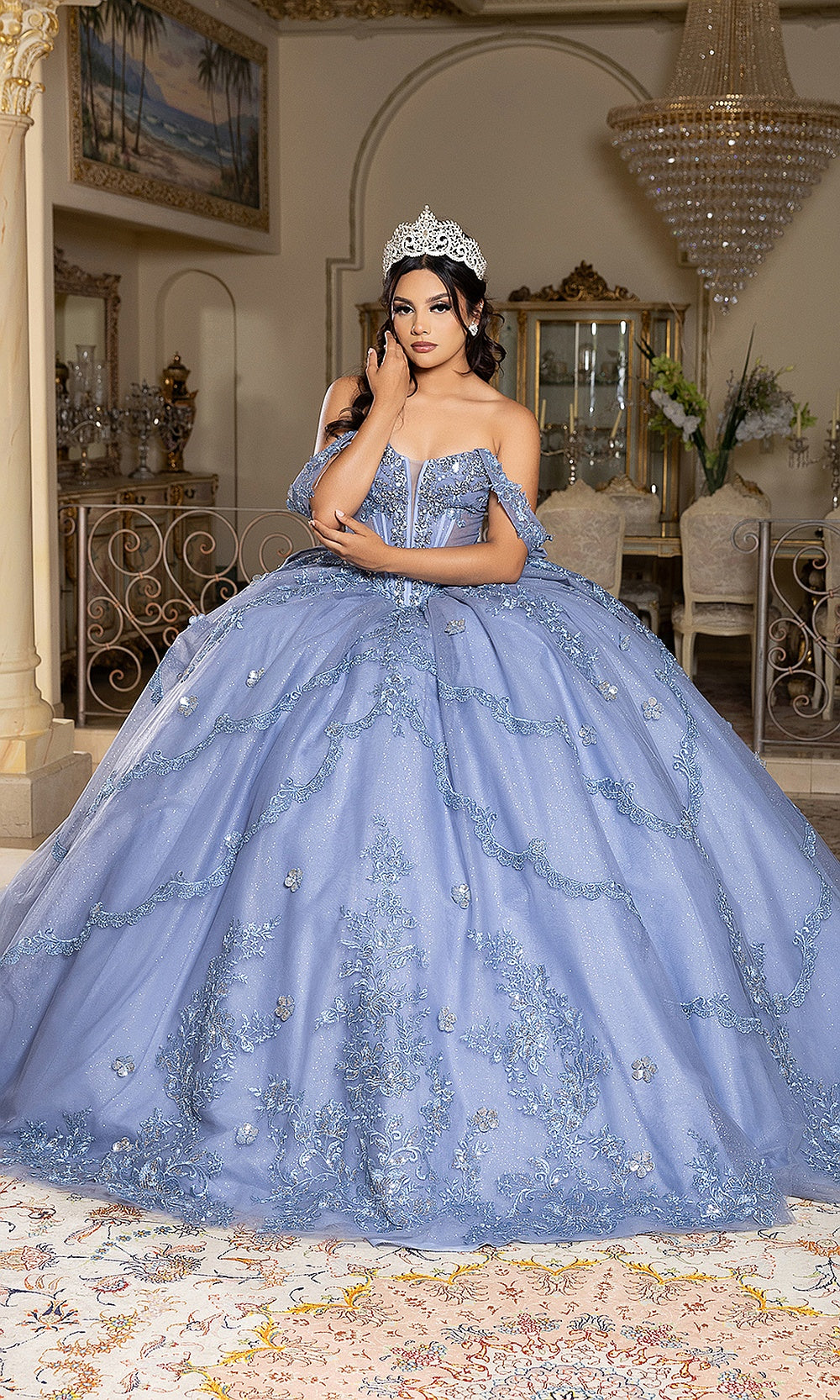 May Queen LK283 dusty blue off-shoulder ball gown — front view of the sparkling quinceañera skirt