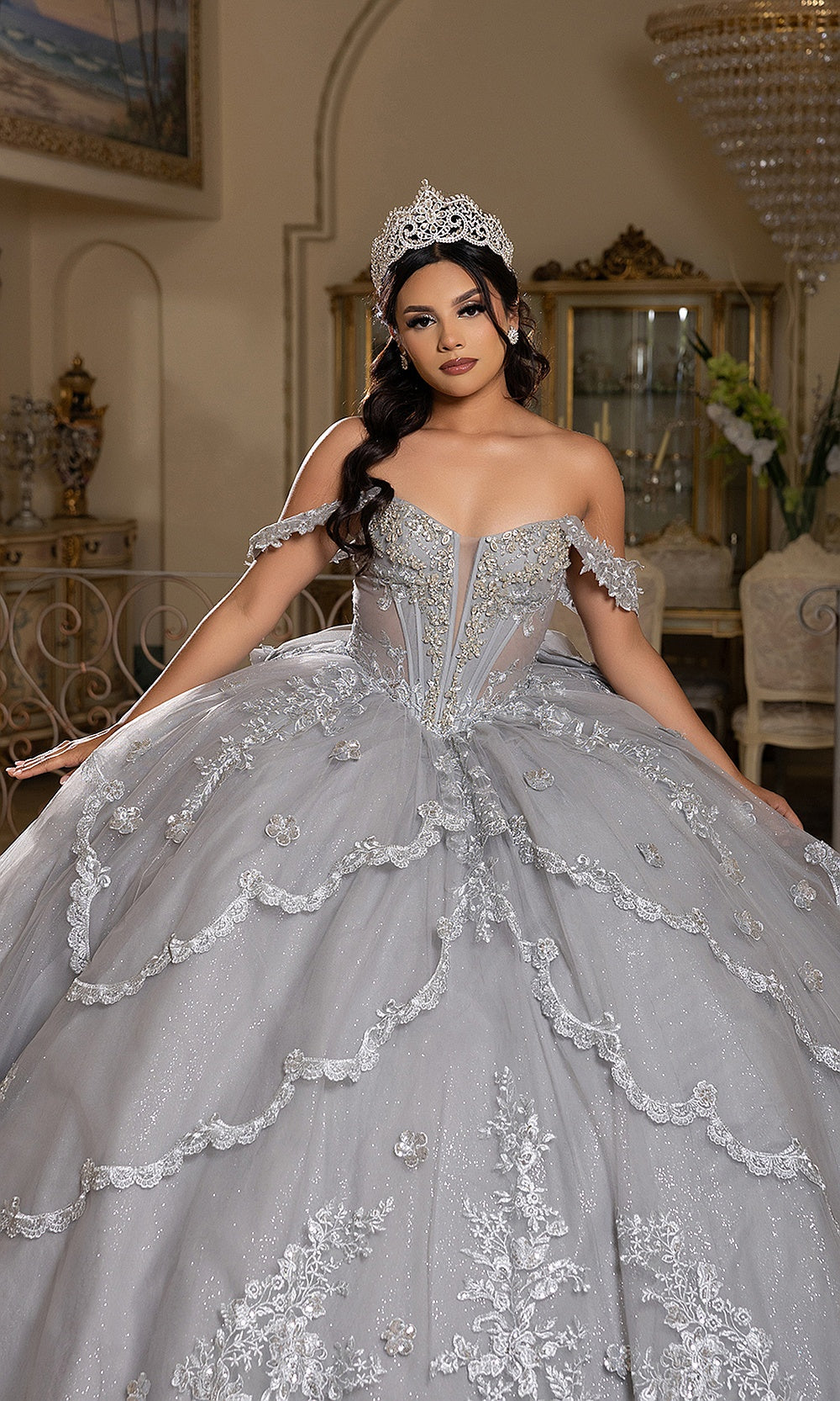 May Queen LK283 silver beaded bodice — close front view of the off-shoulder sweetheart quinceañera gown