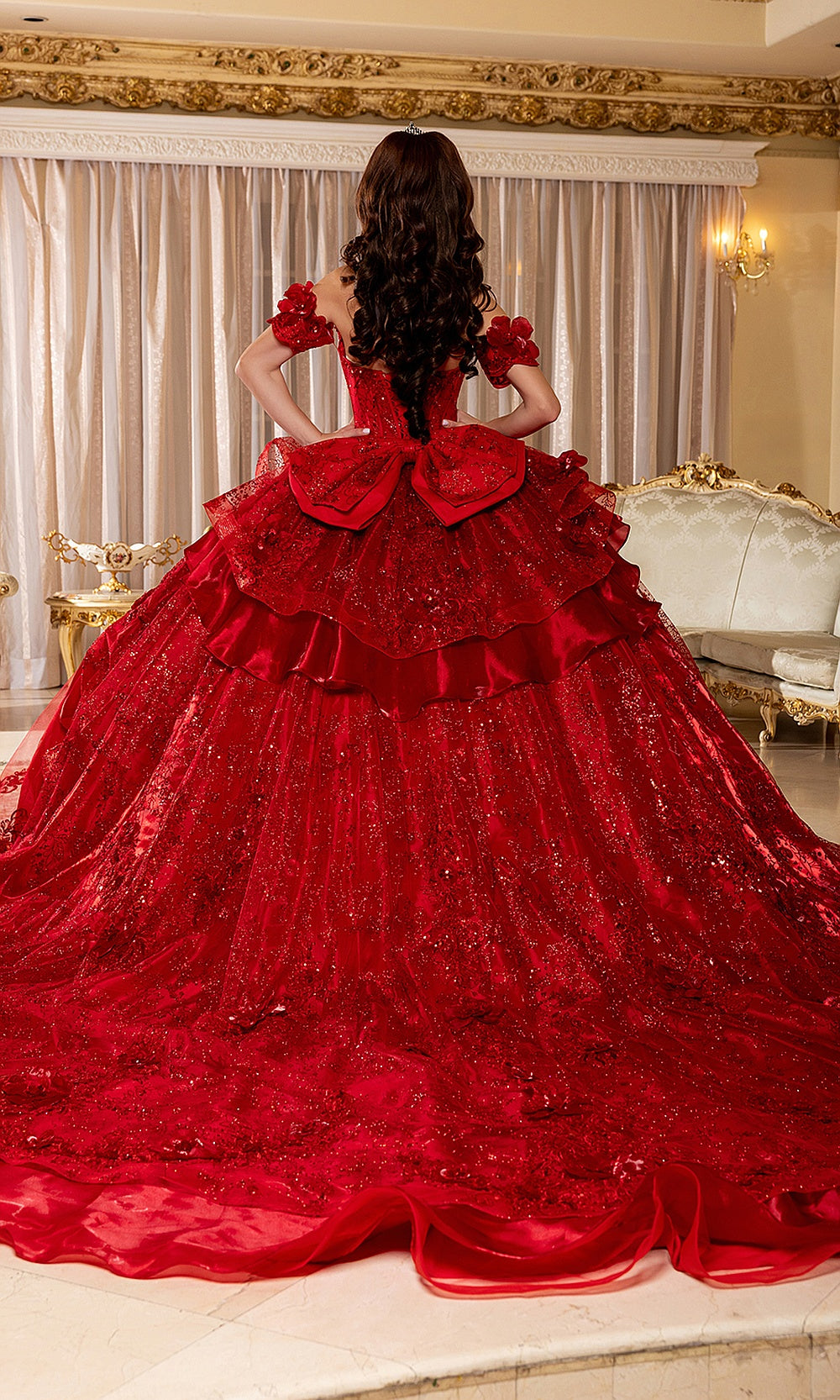 May Queen LK295 red sequin ball gown — full back view of the dramatic tiered ruffle quinceañera train