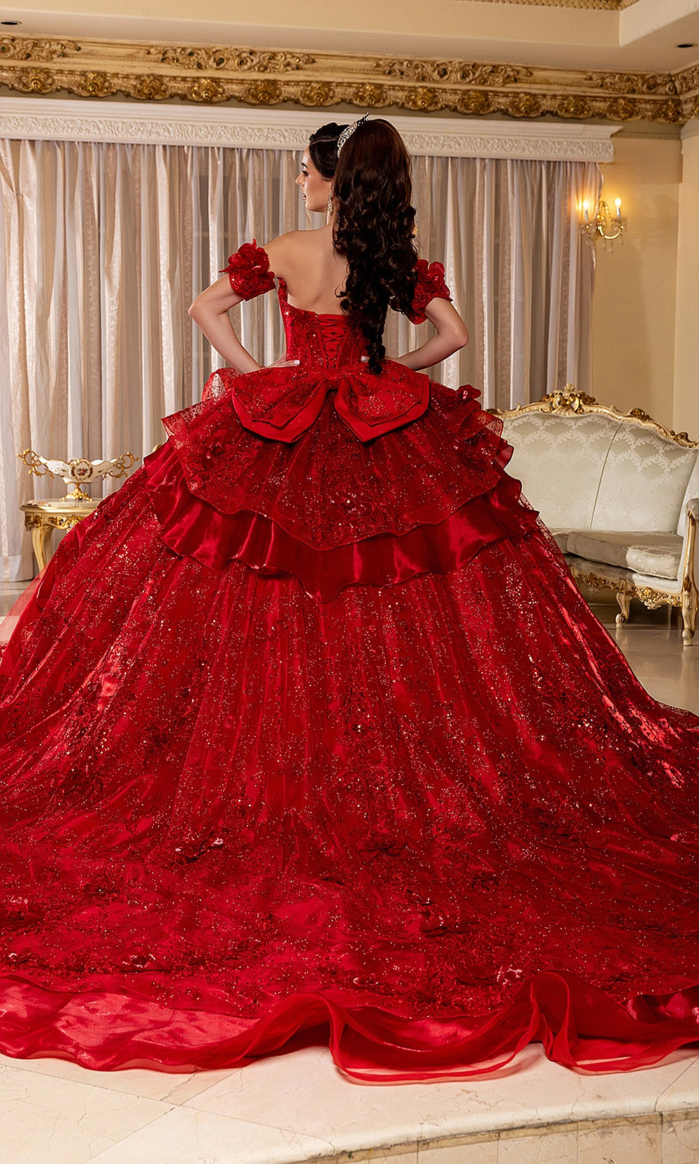 May Queen LK295 red quinceañera gown — back view of the corset closure and cascading ruffled train