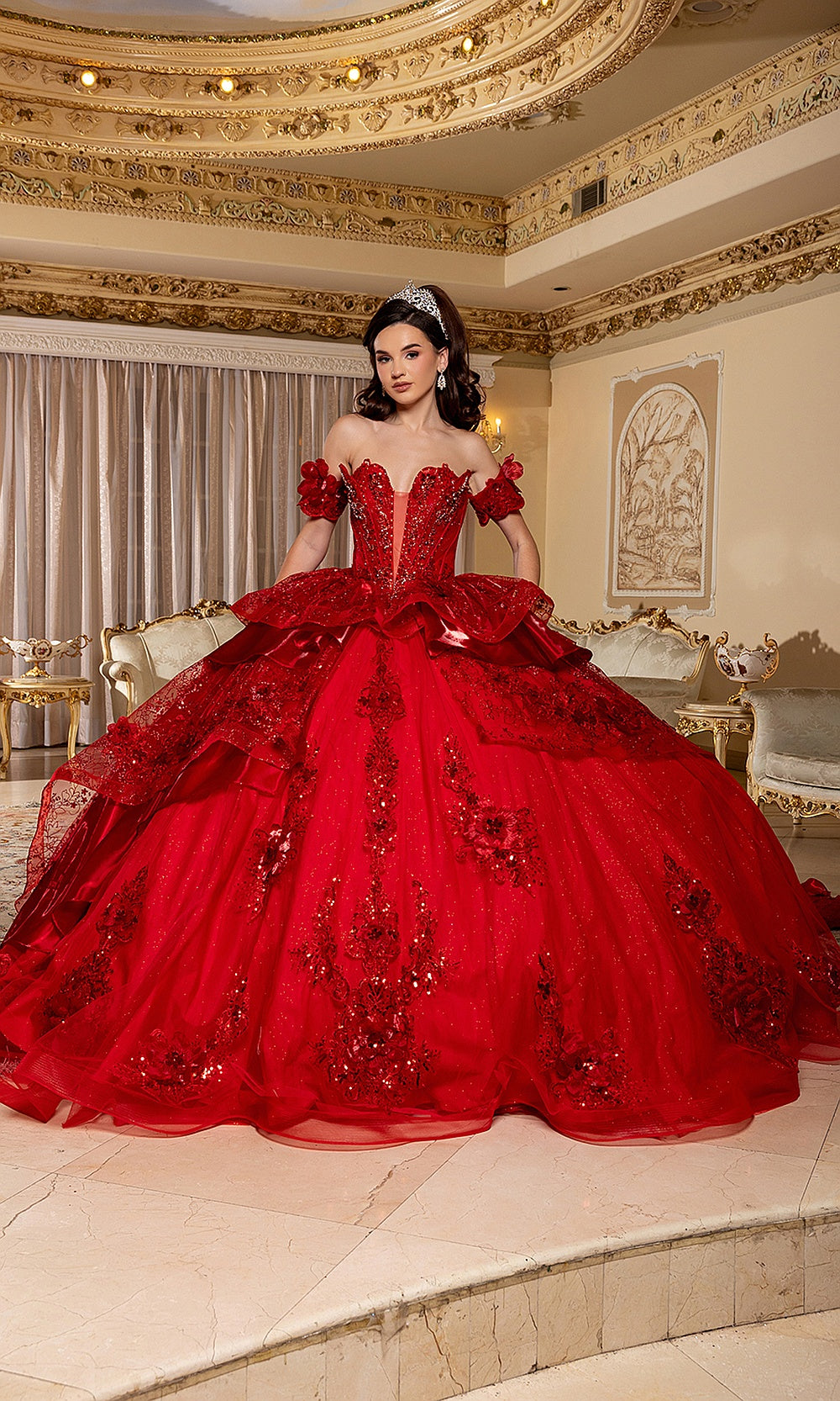 May Queen LK295 red sequin quinceañera ball gown — full front view of the ruffled skirt and beaded bodice