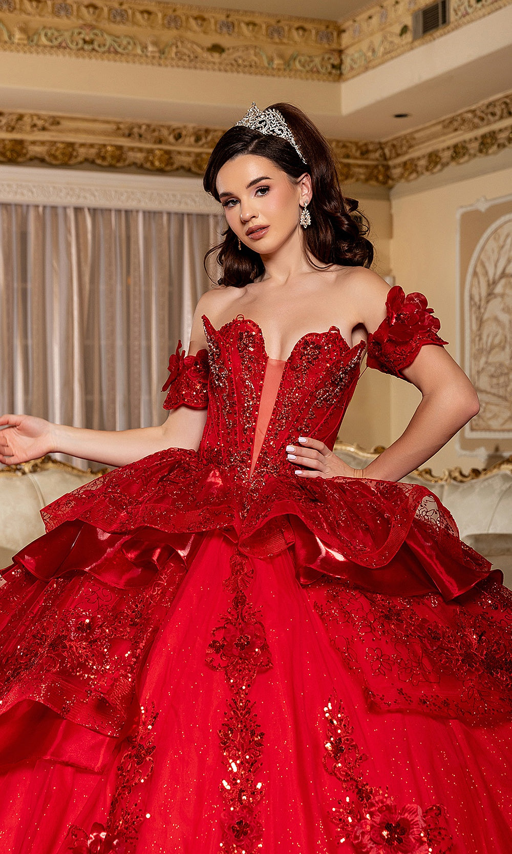 May Queen LK295 red beaded bodice — close front view of the off-shoulder sweetheart quinceañera gown