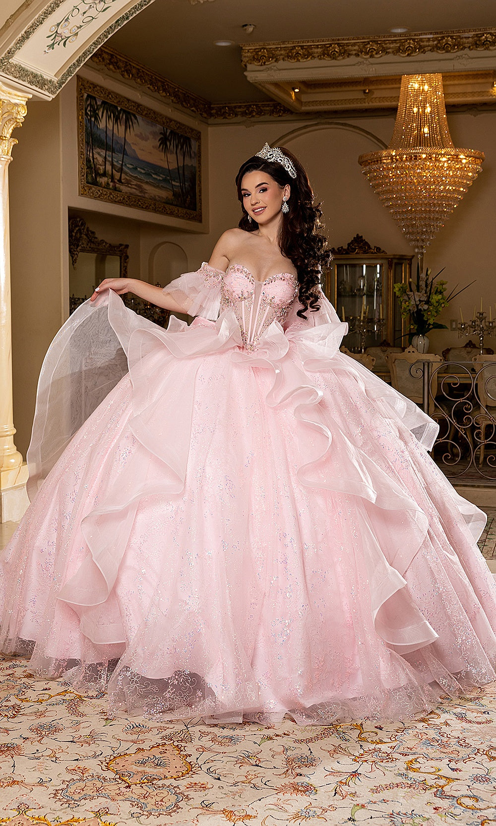May Queen LK296 blush pink ball gown — three-quarter front view of the off-shoulder quinceañera dress