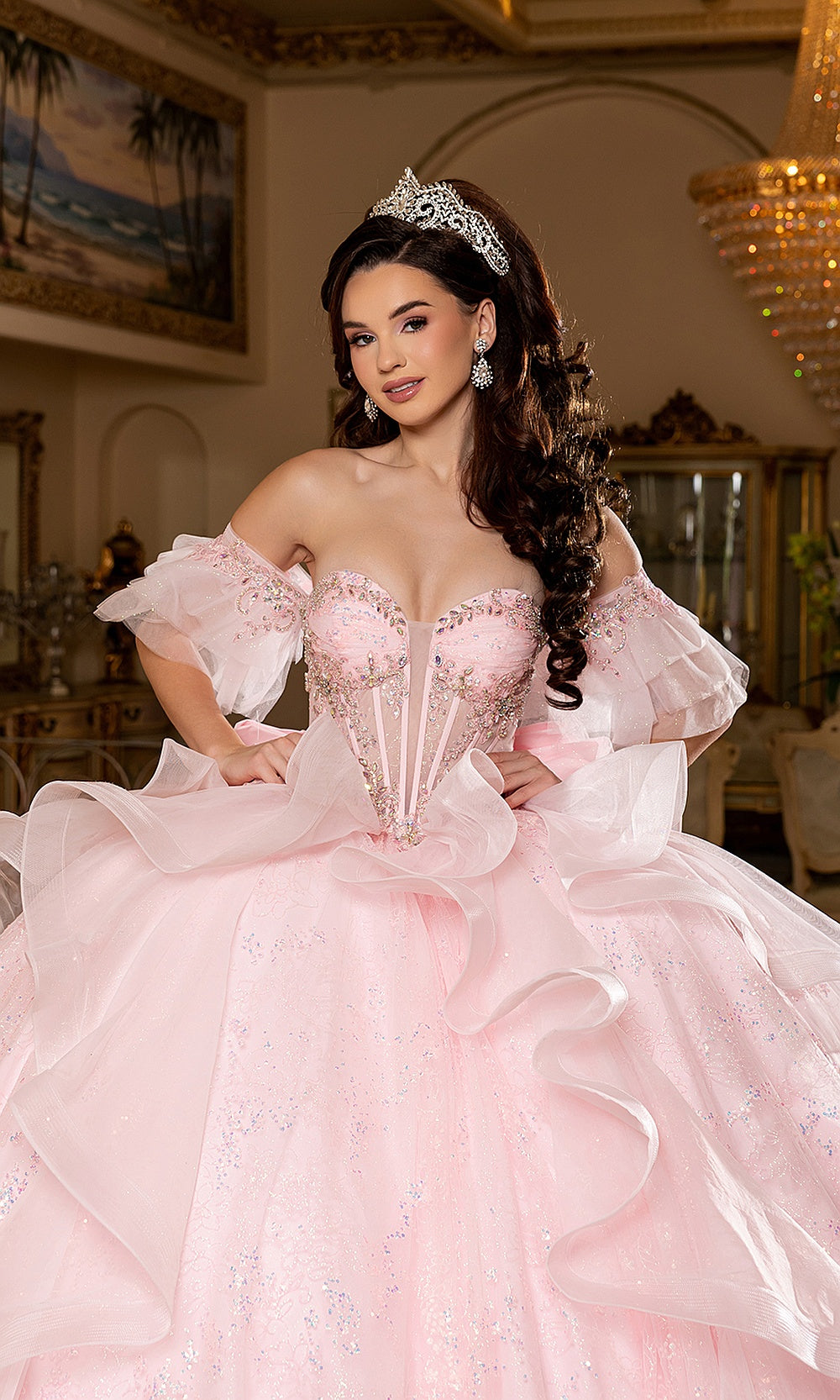May Queen LK296 blush pink beaded bodice — close front view of the off-shoulder sweetheart quinceañera gown