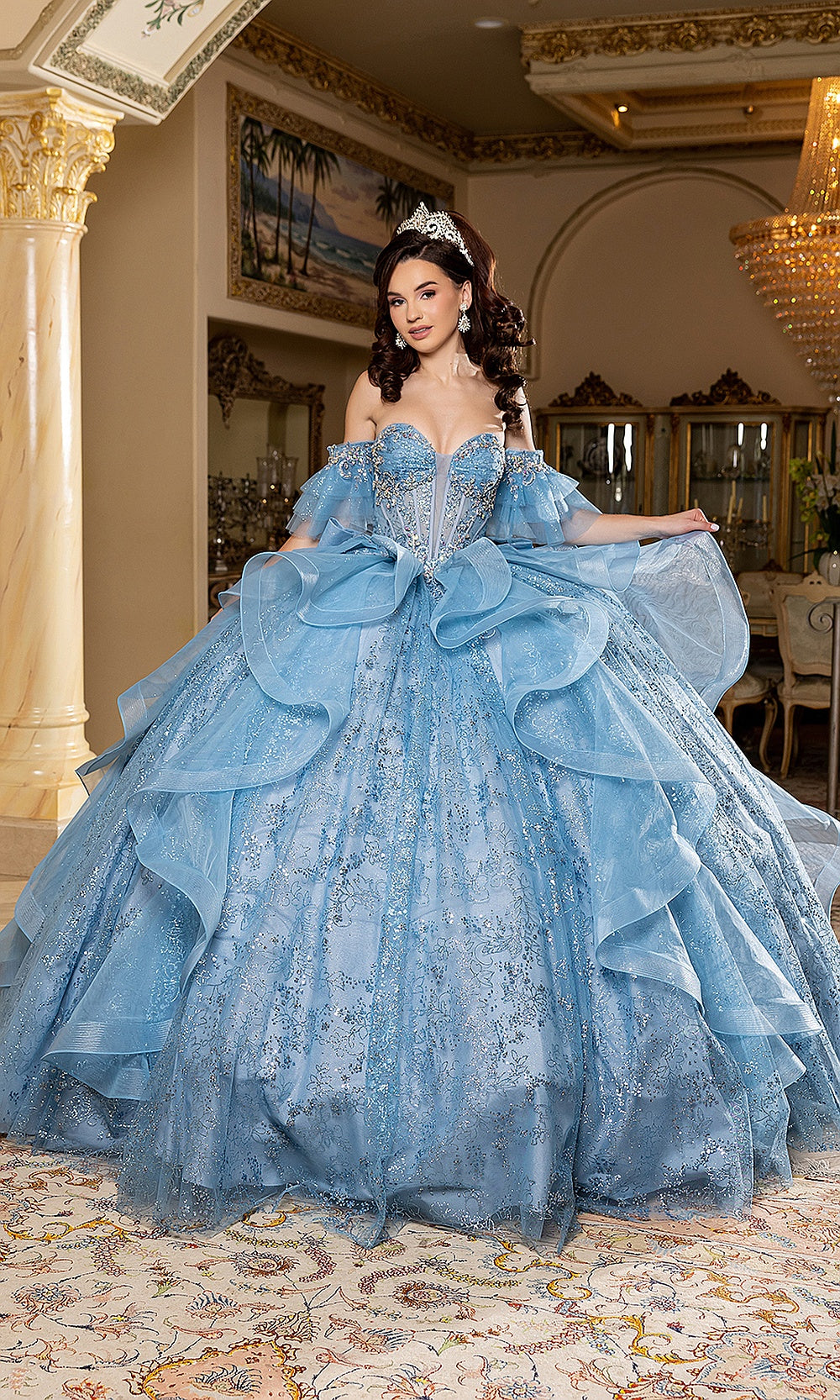 May Queen LK296 blue off-shoulder quinceañera ball gown — front view of the tiered ruffle sparkling skirt
