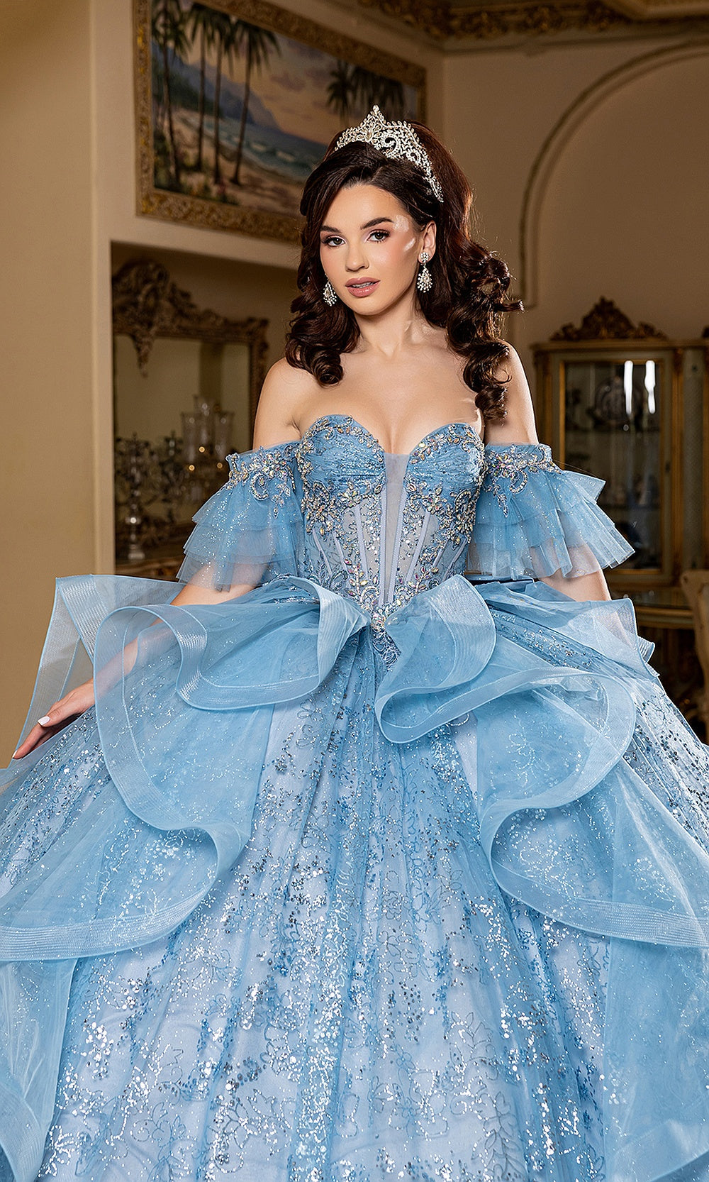 May Queen LK296 blue beaded bodice — close front view of the off-shoulder sweetheart quinceañera gown