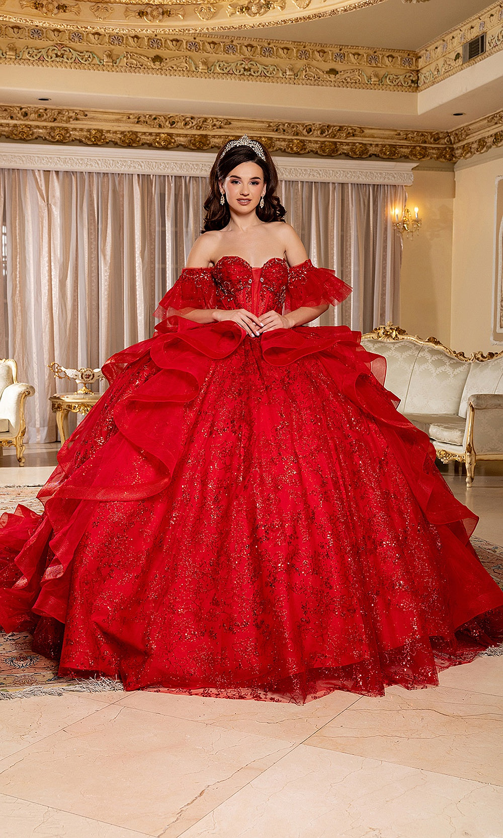 May Queen LK296 red off-shoulder ball gown — front view of the beaded bodice and ruffled quinceañera skirt