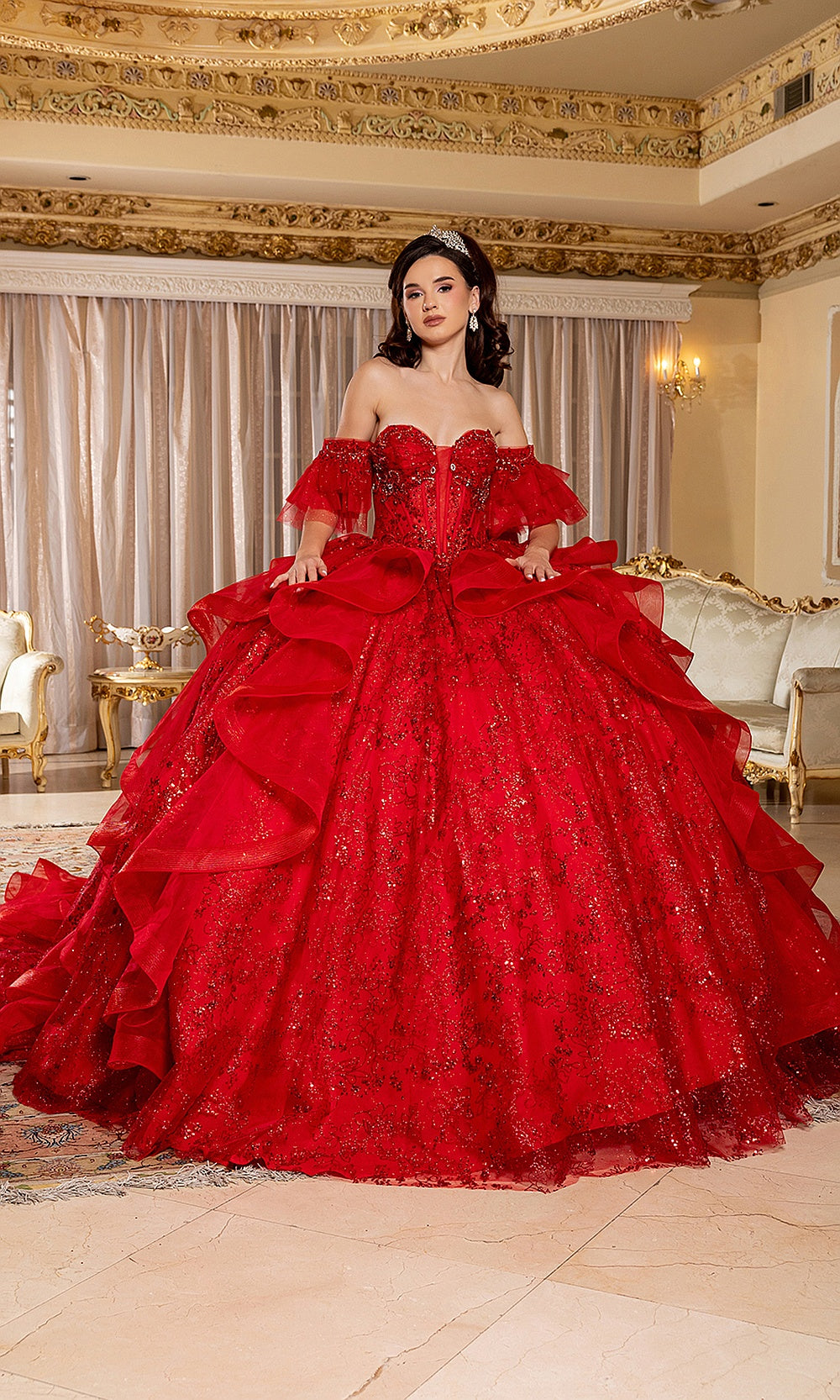 May Queen LK296 red off-shoulder quinceañera ball gown — front view of the ruffled glitter skirt