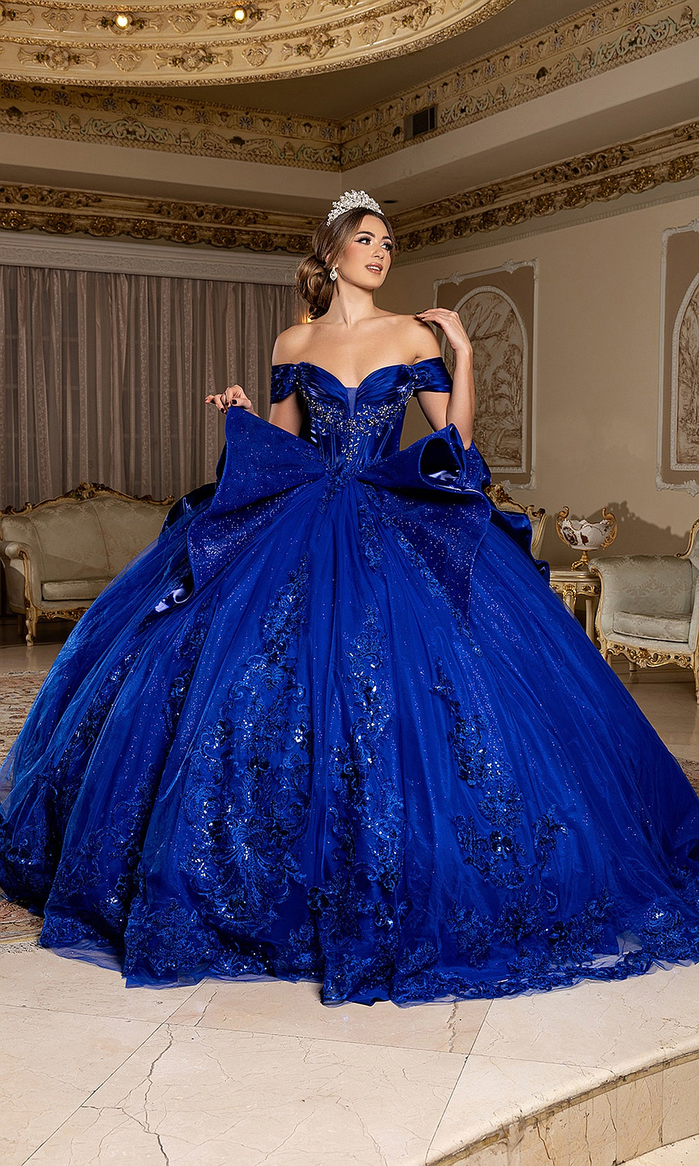 May Queen LK297 royal blue sequin quinceañera gown — front view of the sparkling ball gown skirt