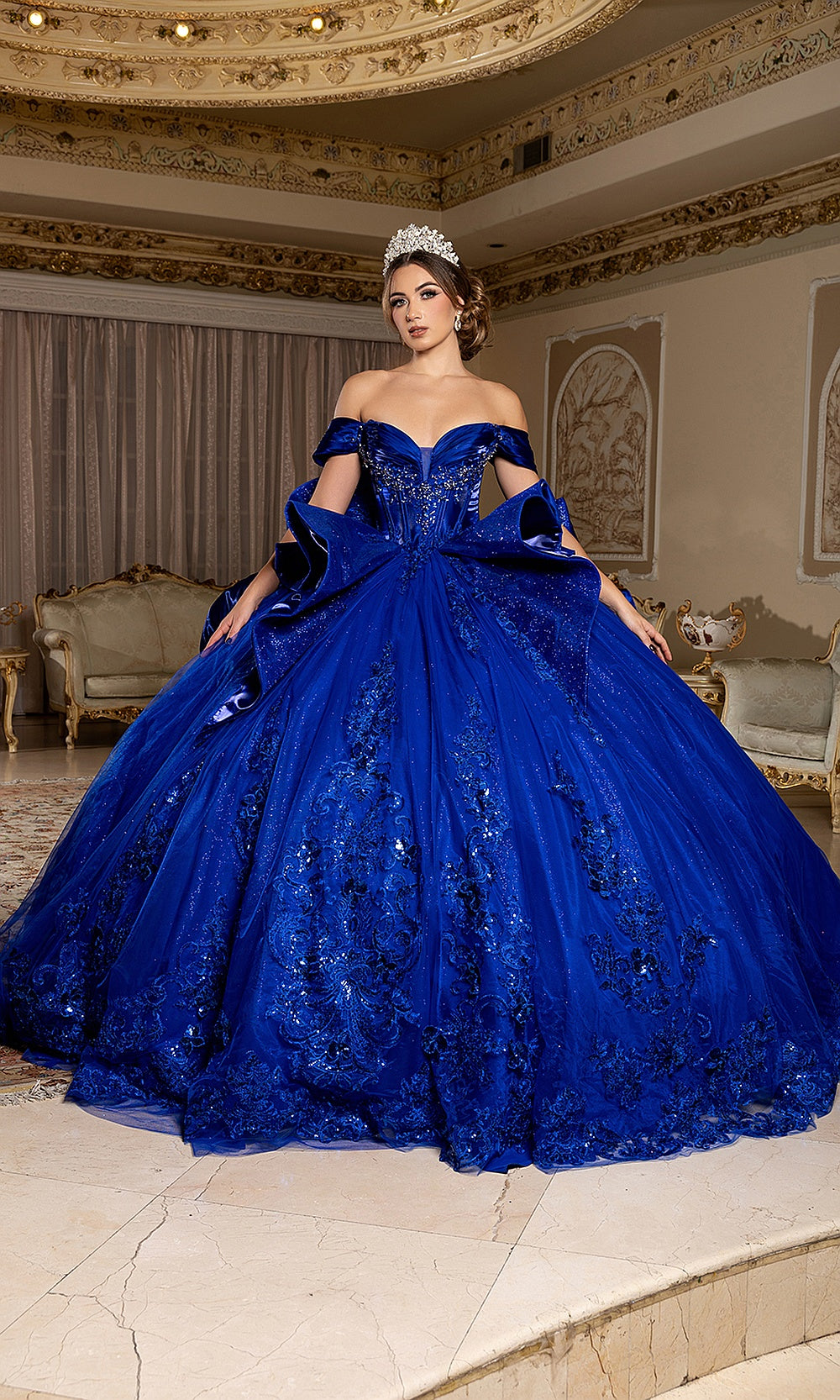 May Queen LK297 royal blue ball gown — front view of the off-shoulder beaded quinceañera dress