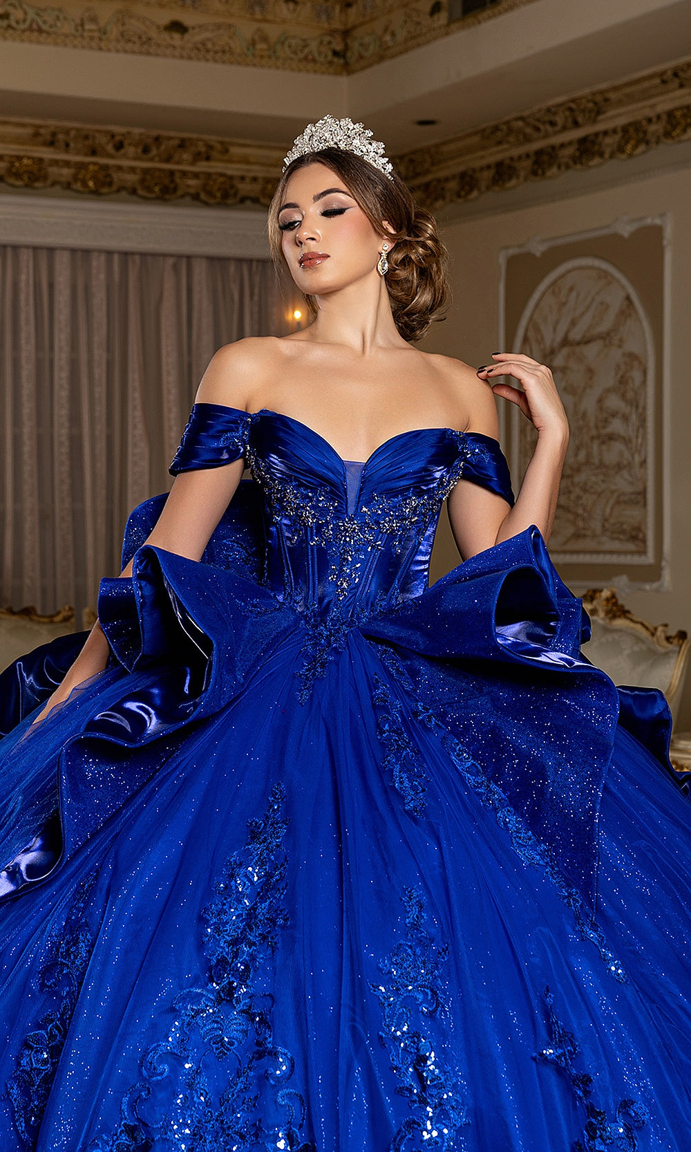 May Queen LK297 royal blue beaded bodice — close front view of the off-shoulder sweetheart quinceañera gown