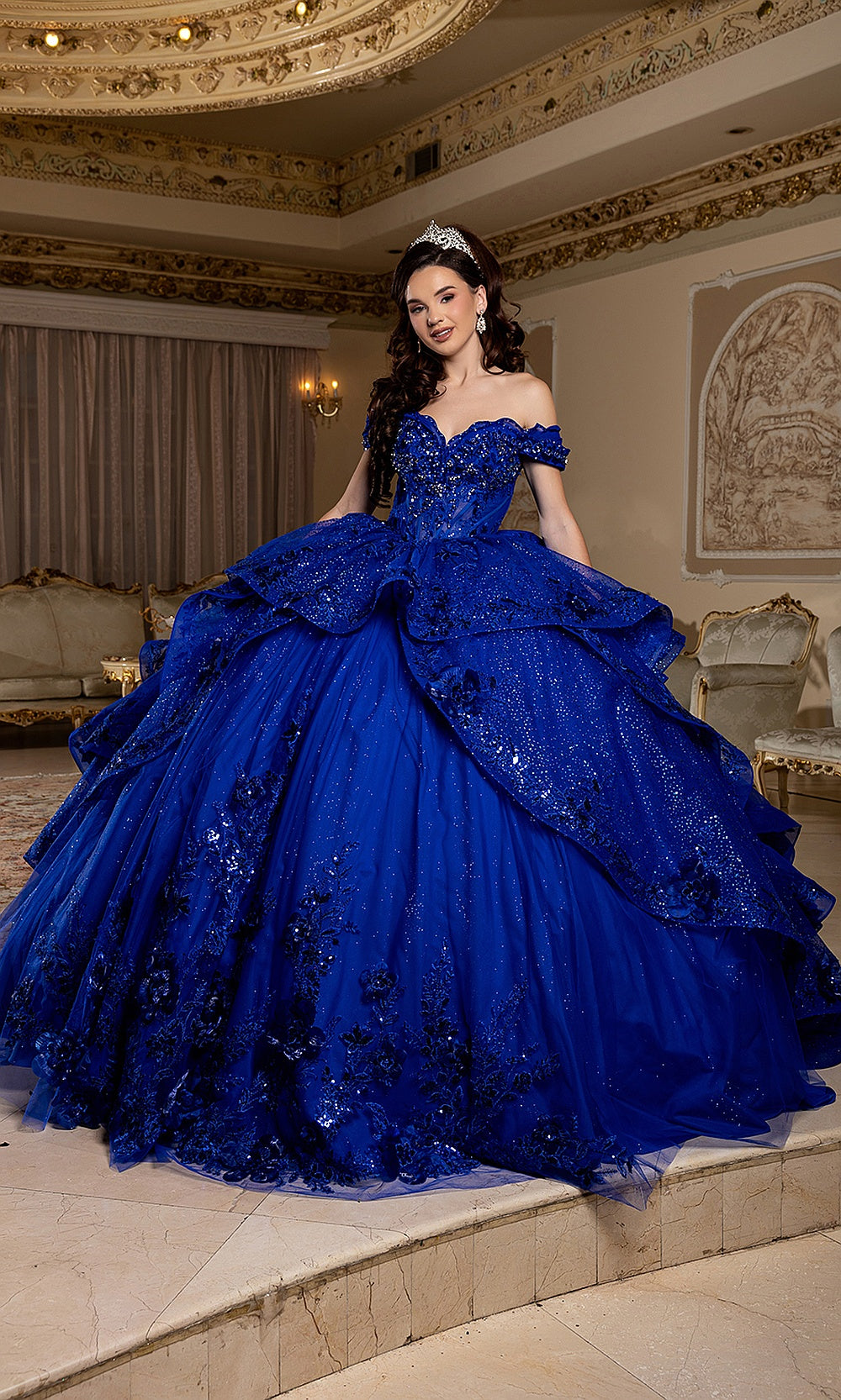 May Queen LK298 royal blue off-shoulder quinceañera ball gown — front view of the beaded bodice and full skirt