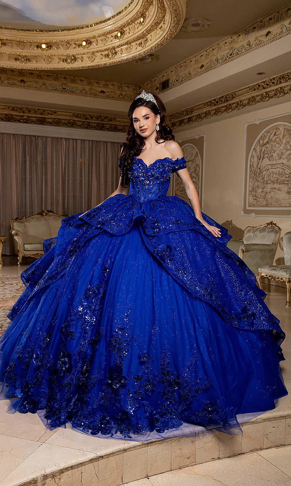 May Queen LK298 royal blue quinceañera gown — front view of the off-shoulder bodice and voluminous skirt