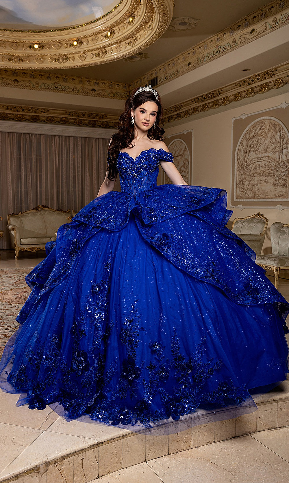 May Queen LK298 royal blue ball gown — three-quarter front view of the off-shoulder quinceañera dress