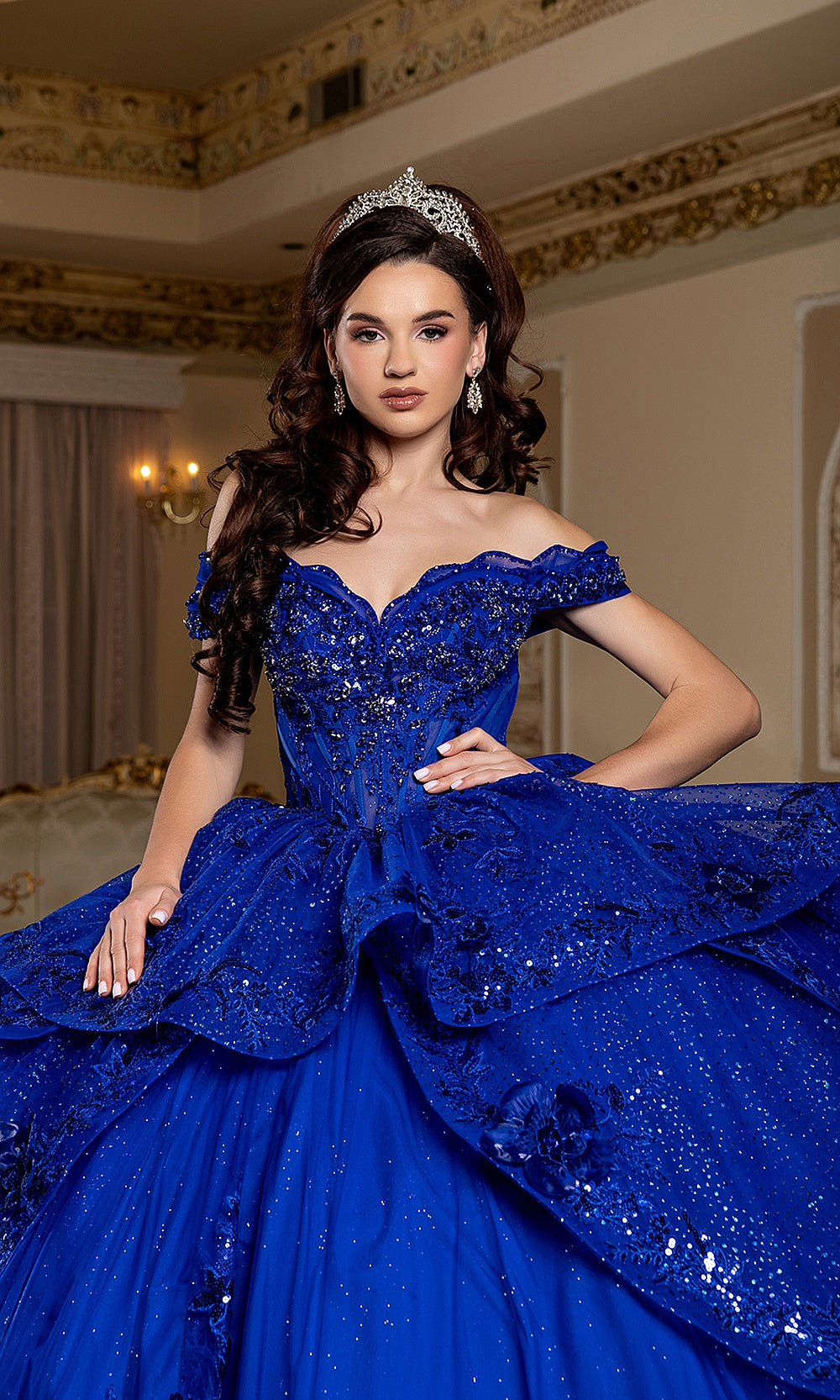 May Queen LK298 royal blue beaded bodice — close front view of the off-shoulder sweetheart quinceañera gown