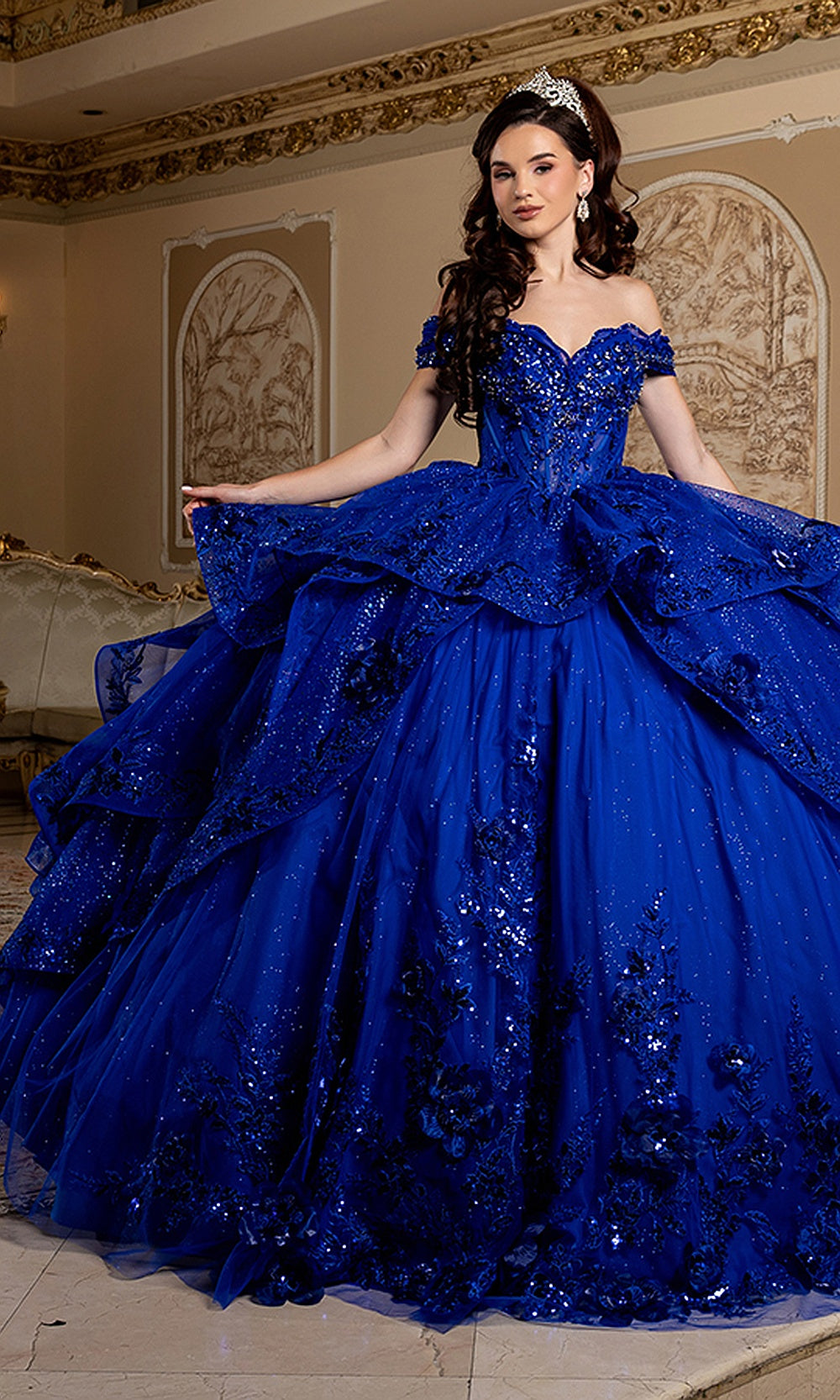 May Queen LK298 royal blue ball gown — front view of the floral appliqué bodice and draped overskirt