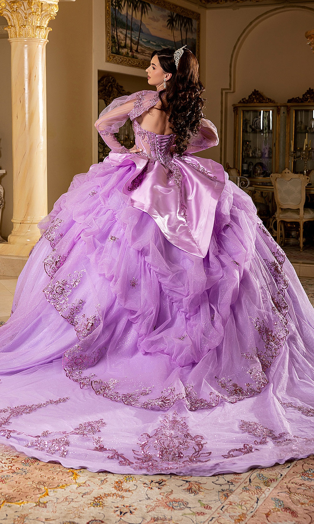 May Queen LK299 lilac quinceañera ball gown — outdoor back view of the full skirt and dramatic train