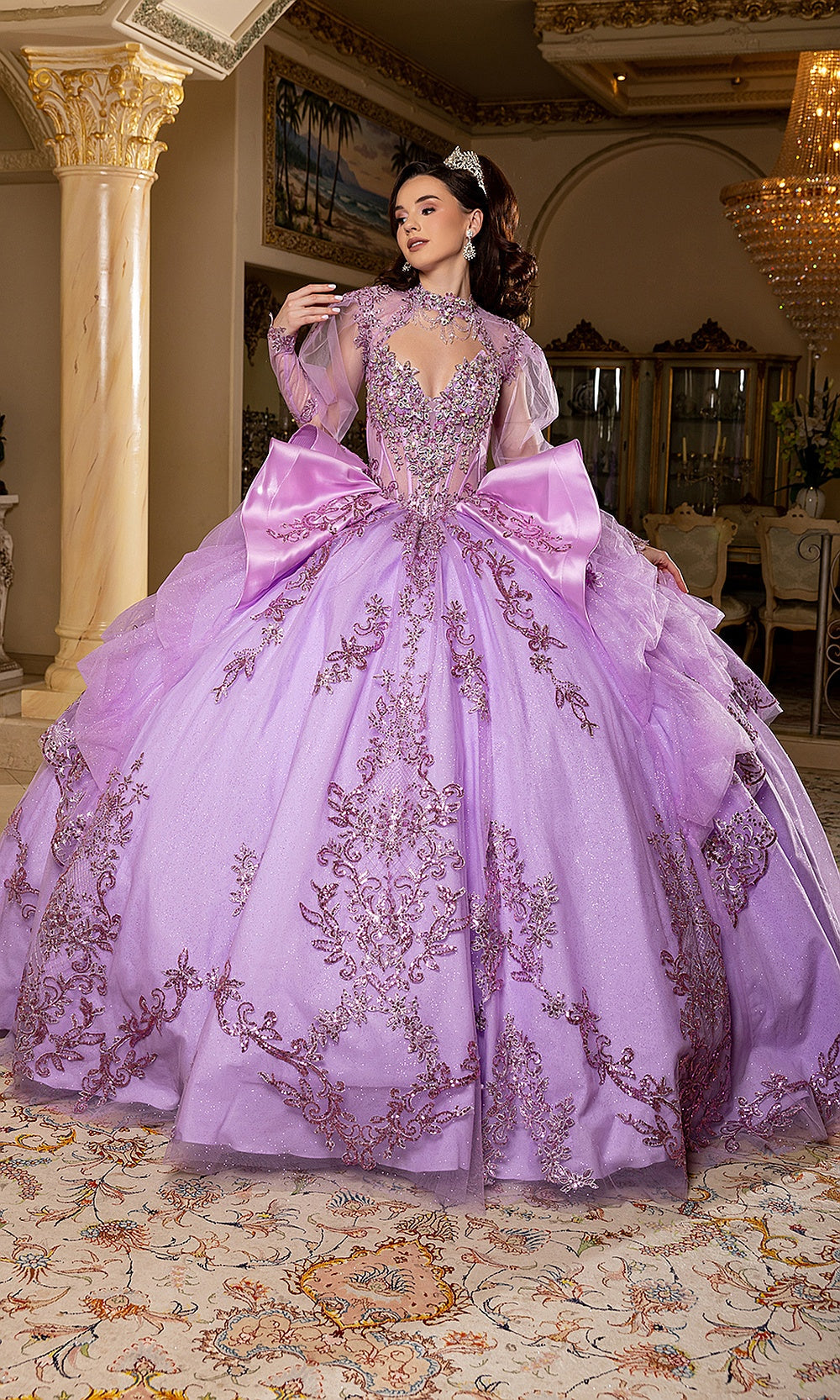 May Queen LK299 lilac long-sleeve quinceañera ball gown — front view of the beaded illusion bodice