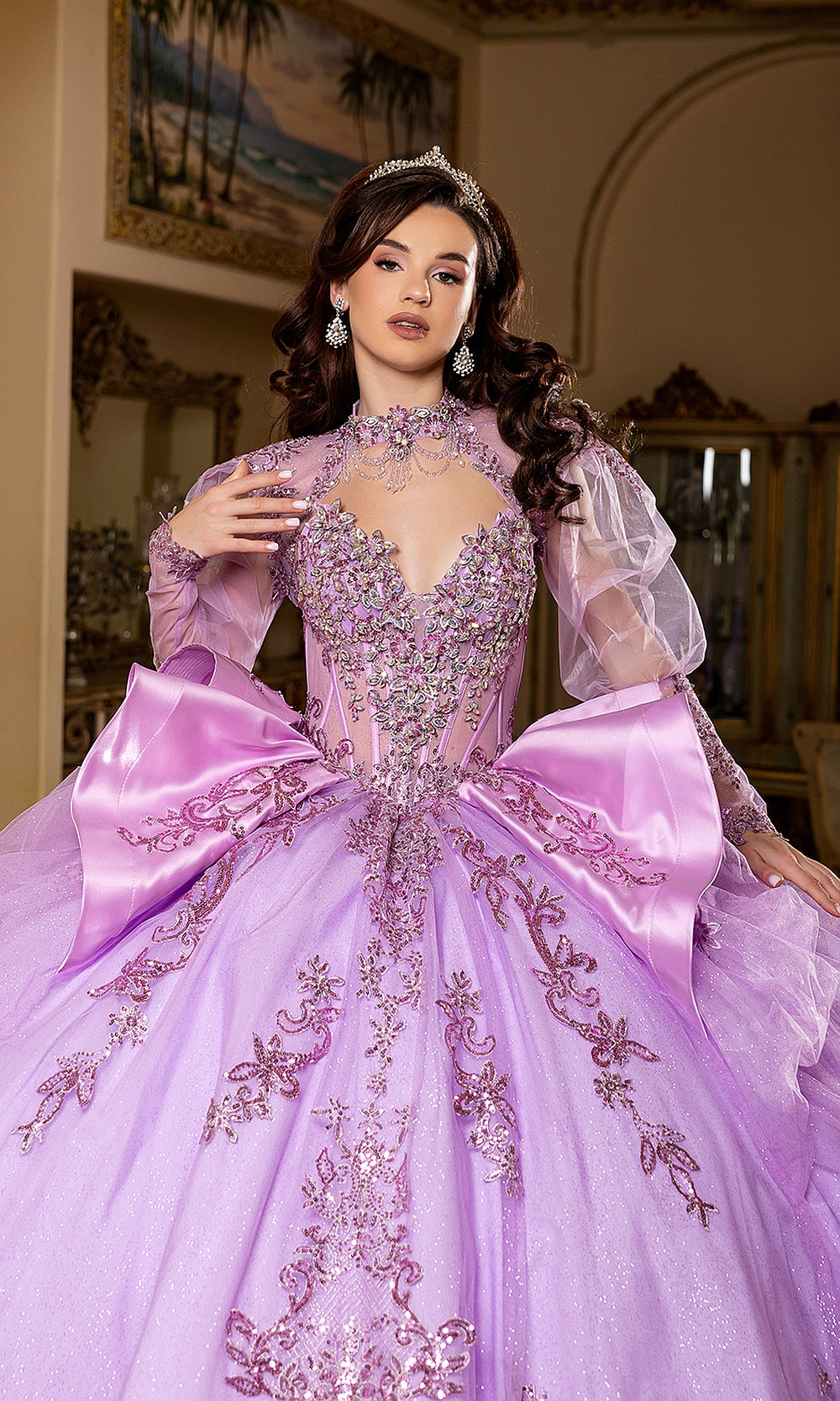 May Queen LK299 lilac beaded illusion bodice — close front view of the long-sleeve quinceañera gown