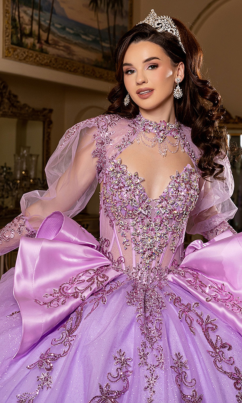 May Queen LK299 lilac quinceañera gown — front view of the beaded bodice and sheer illusion sleeves