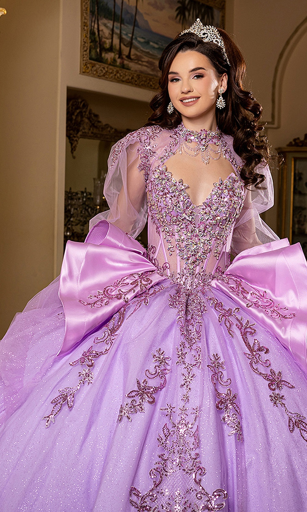 May Queen LK299 lilac long-sleeve ball gown — front view of the beaded quinceañera bodice and full skirt