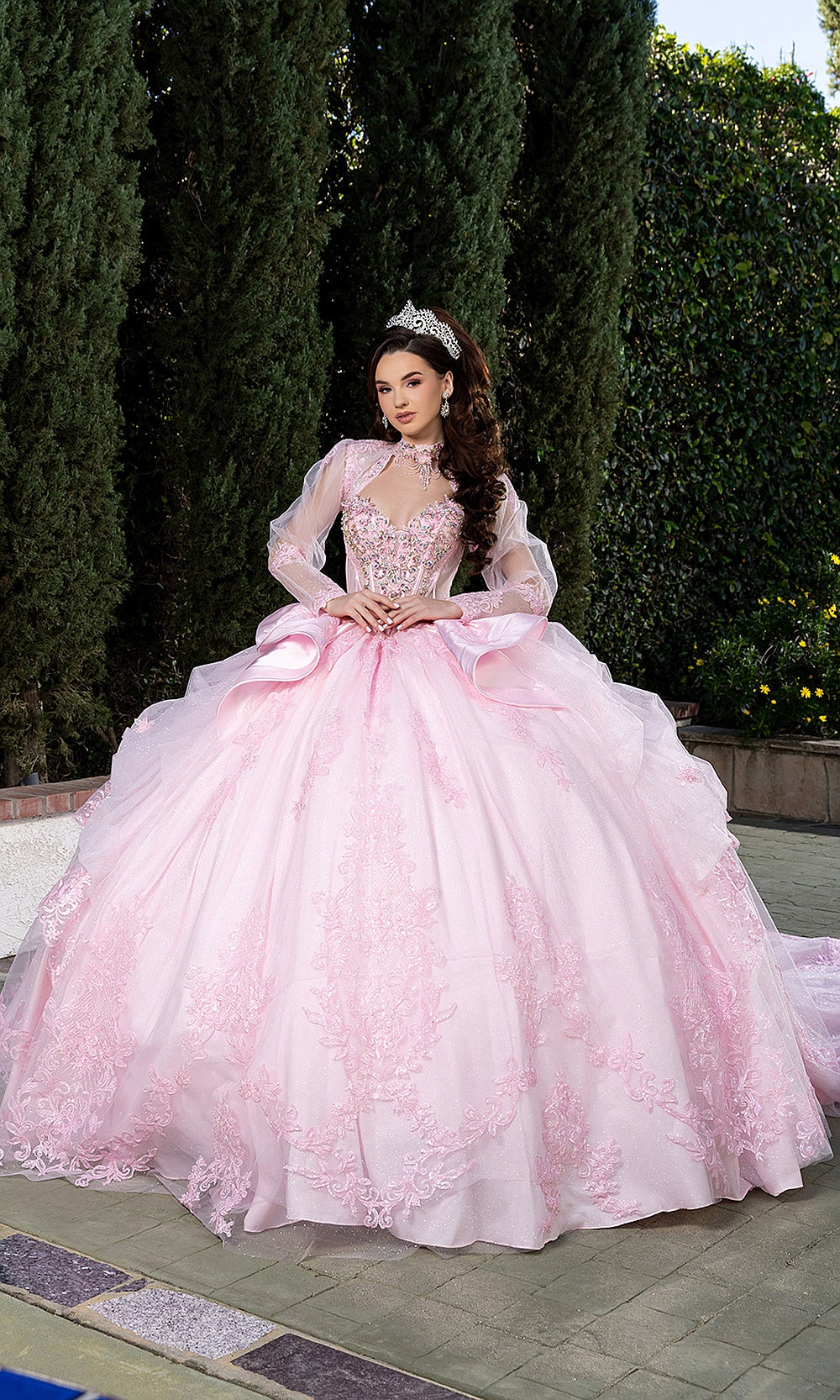 May Queen LK299 pink long-sleeve quinceañera ball gown — garden front view of the beaded illusion bodice